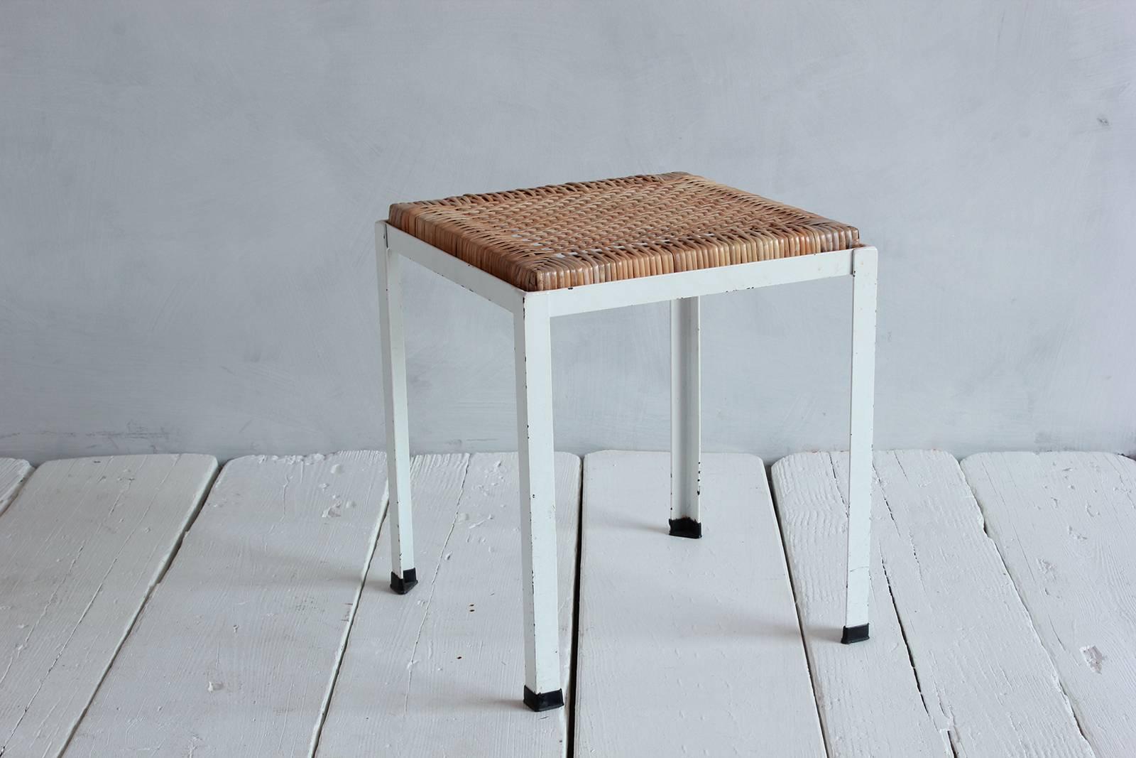 Pair of Danny Ho Fong White Iron and Rattan Stools In Distressed Condition In Los Angeles, CA