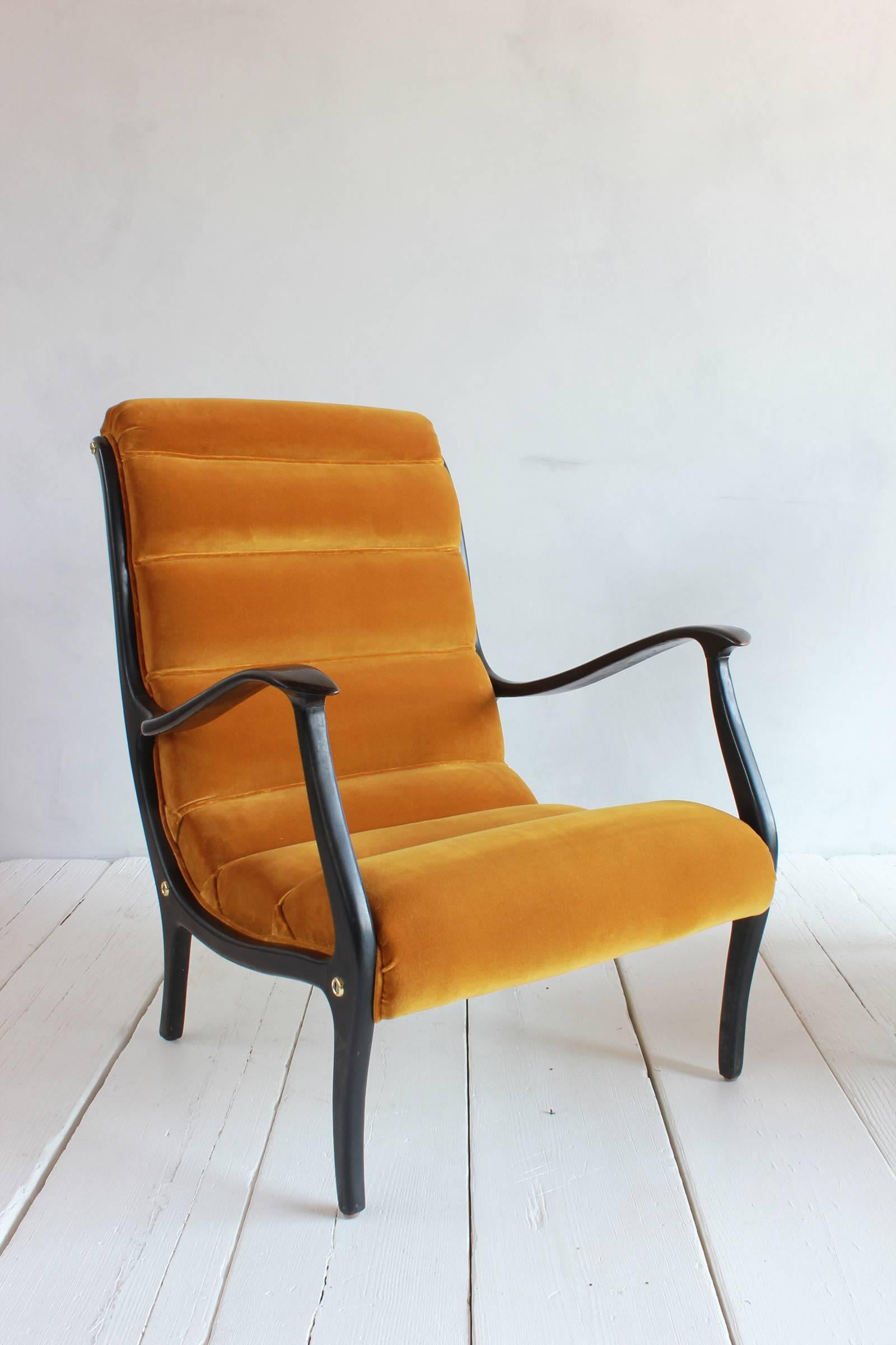 Mid-20th Century Pair of Ebonized Open Framed Armchairs Upholstered in Gold Velvet