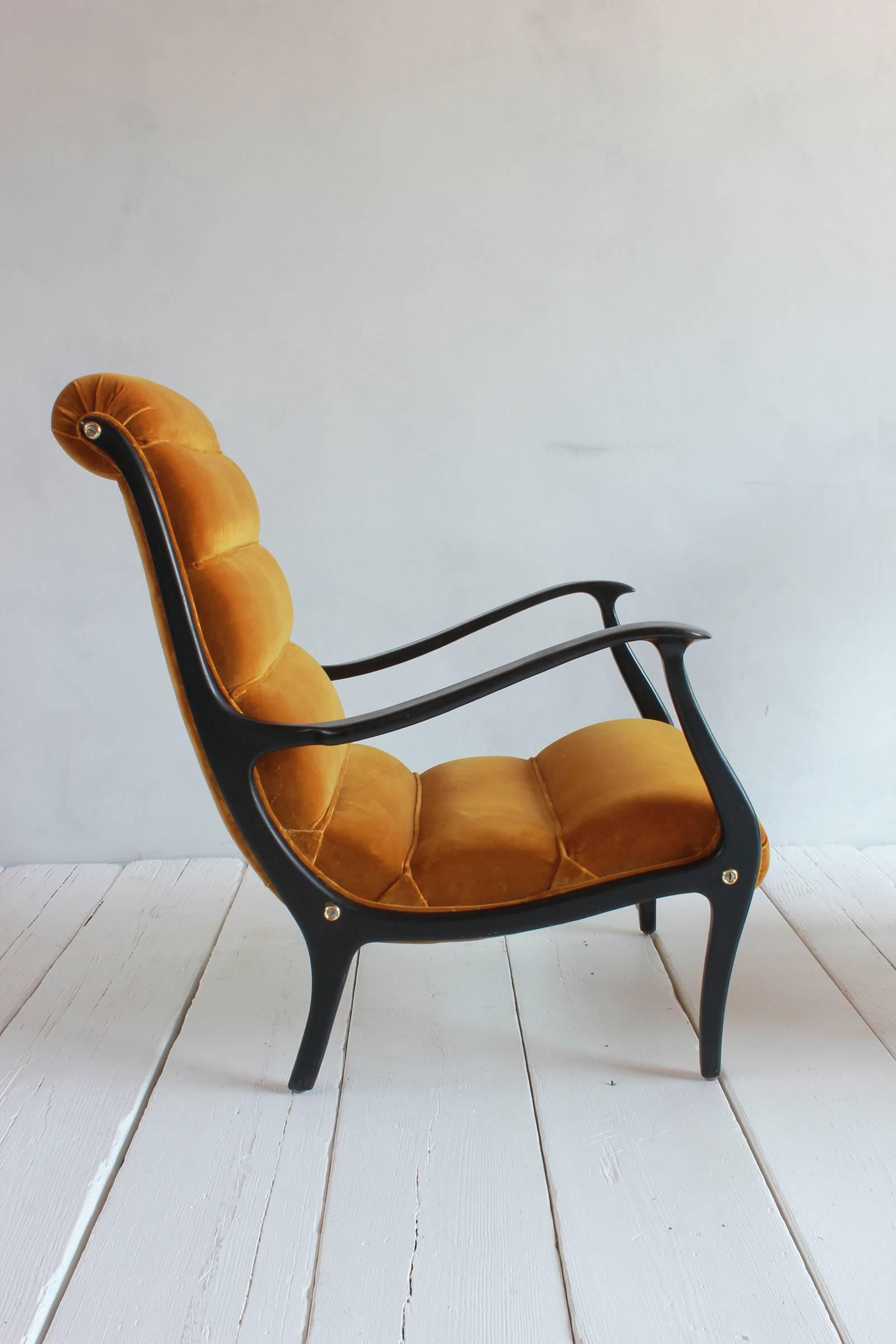 Pair of Ebonized Open Framed Armchairs Upholstered in Gold Velvet 1