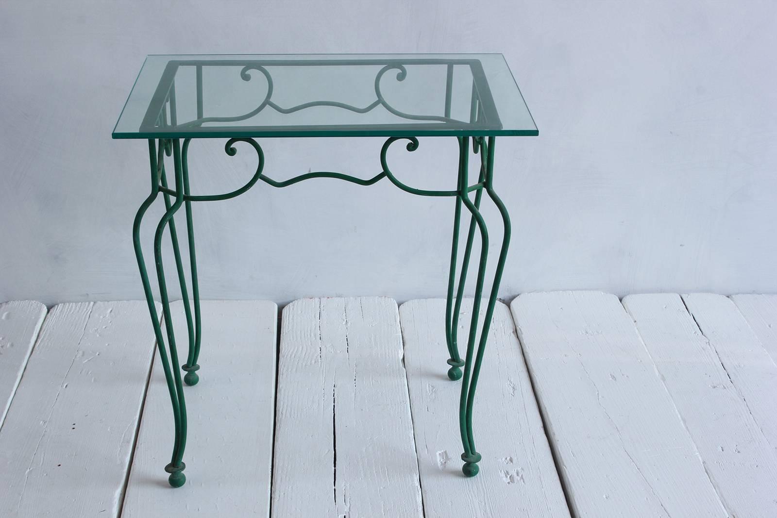 Green Metal Scrolled Side Table with Glass Top In Excellent Condition In Los Angeles, CA