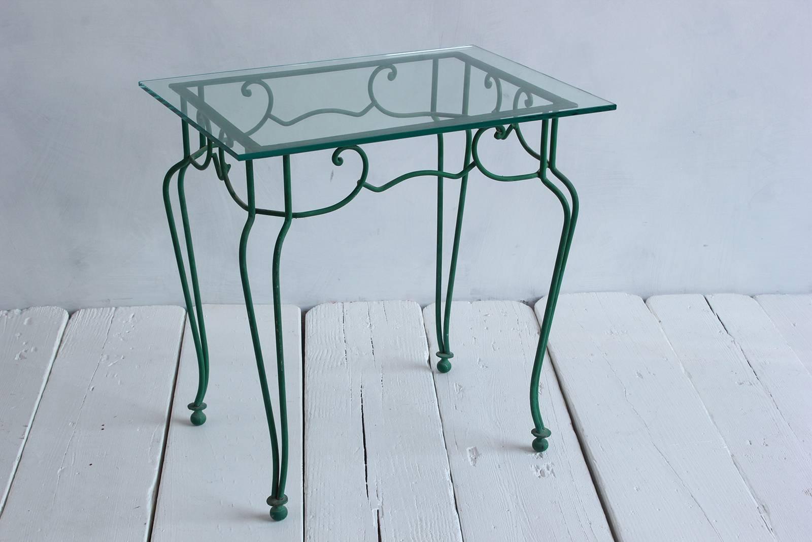 Mid-20th Century Green Metal Scrolled Side Table with Glass Top