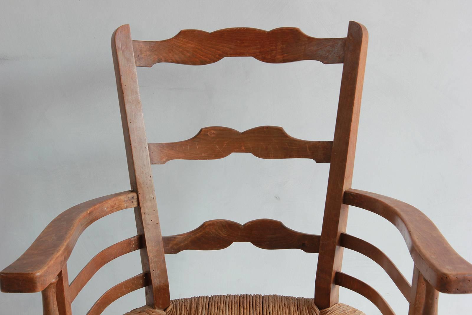 Pair of Low French Farmhouse Chairs with Woven Rush Seat 1