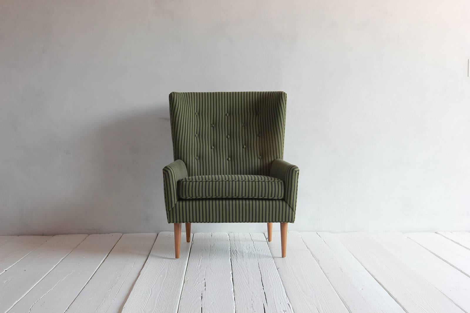 Pair of French armchairs upholstered striped green and black howe fabric.
