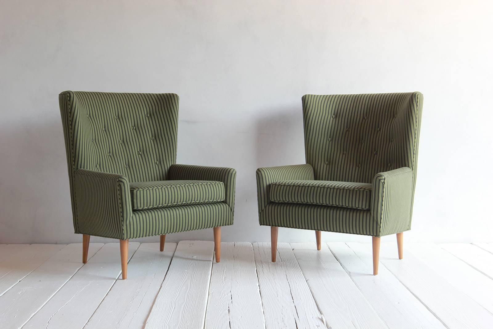 Mid-20th Century Pair of French Armchairs Upholstered Striped Green and Black Howe Fabric