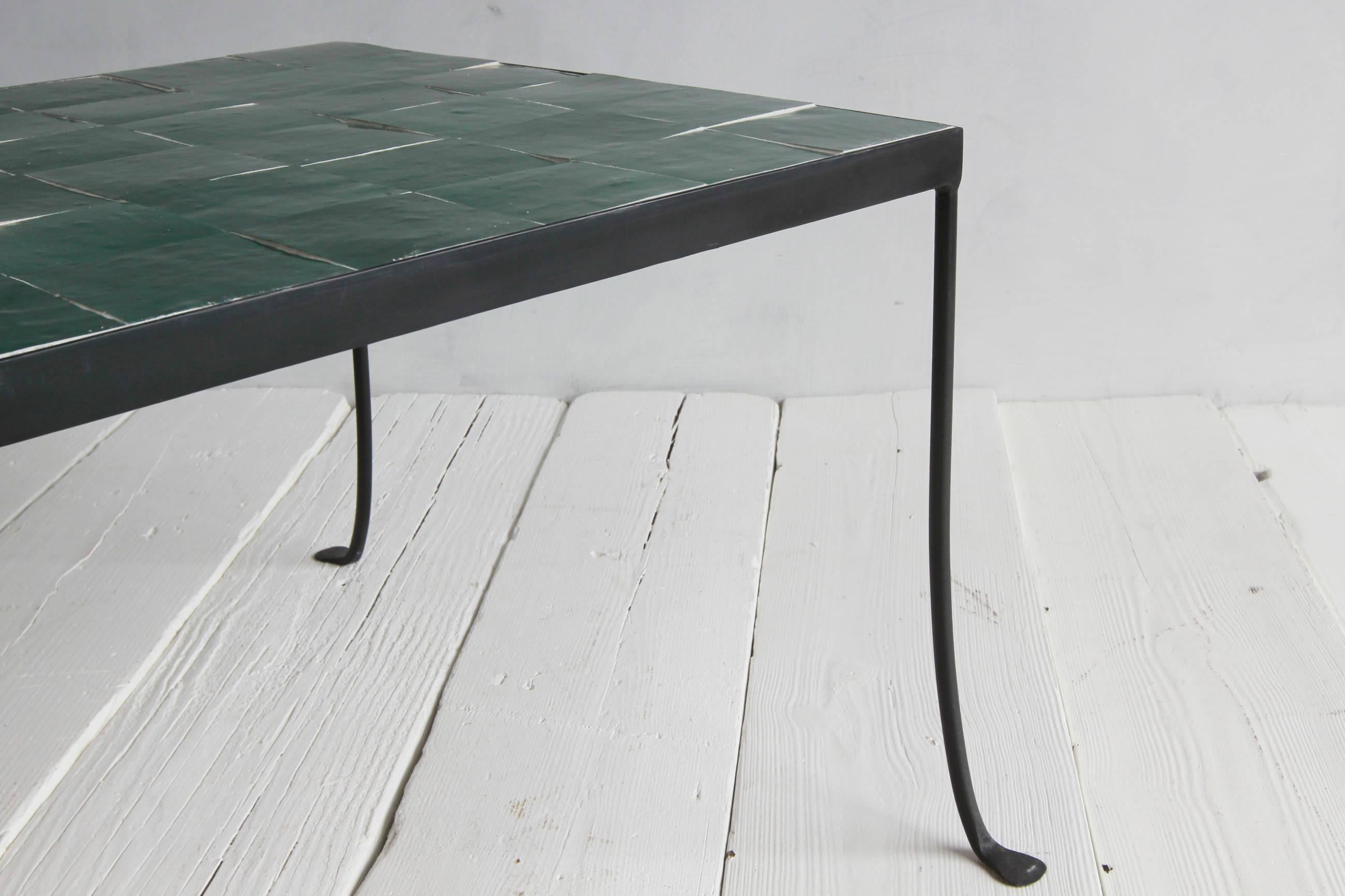 NK collection outdoor wrought iron tiled side table in emerald

Also available in putty, bone, and saffron.