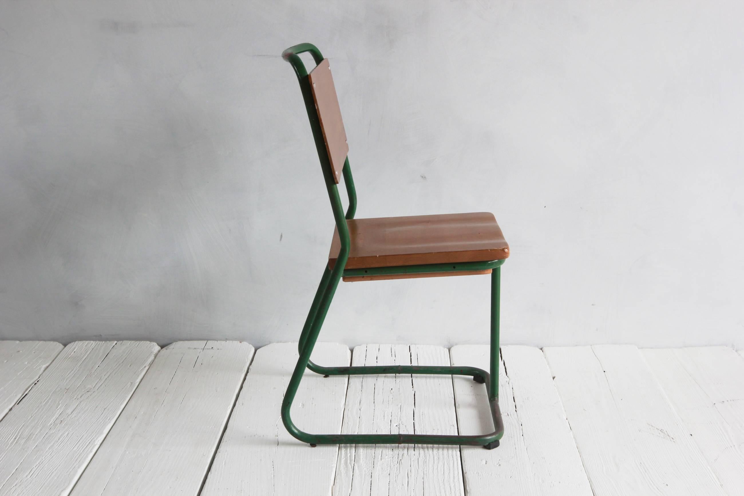 Prouve Style Green Painted Metal Chair with Wood Seat and Back In Distressed Condition In Los Angeles, CA