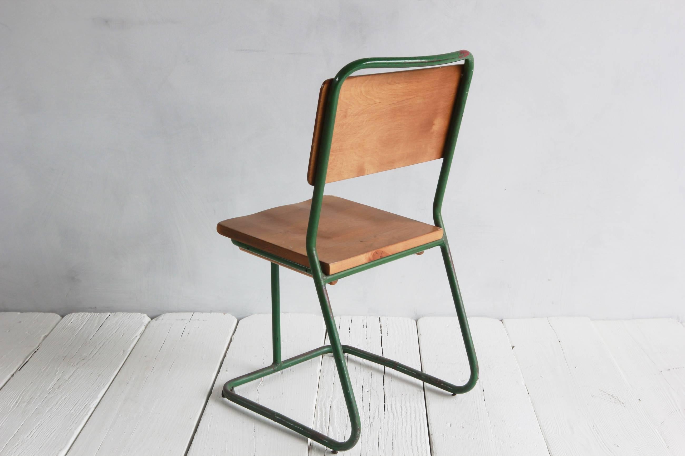 Mid-20th Century Prouve Style Green Painted Metal Chair with Wood Seat and Back