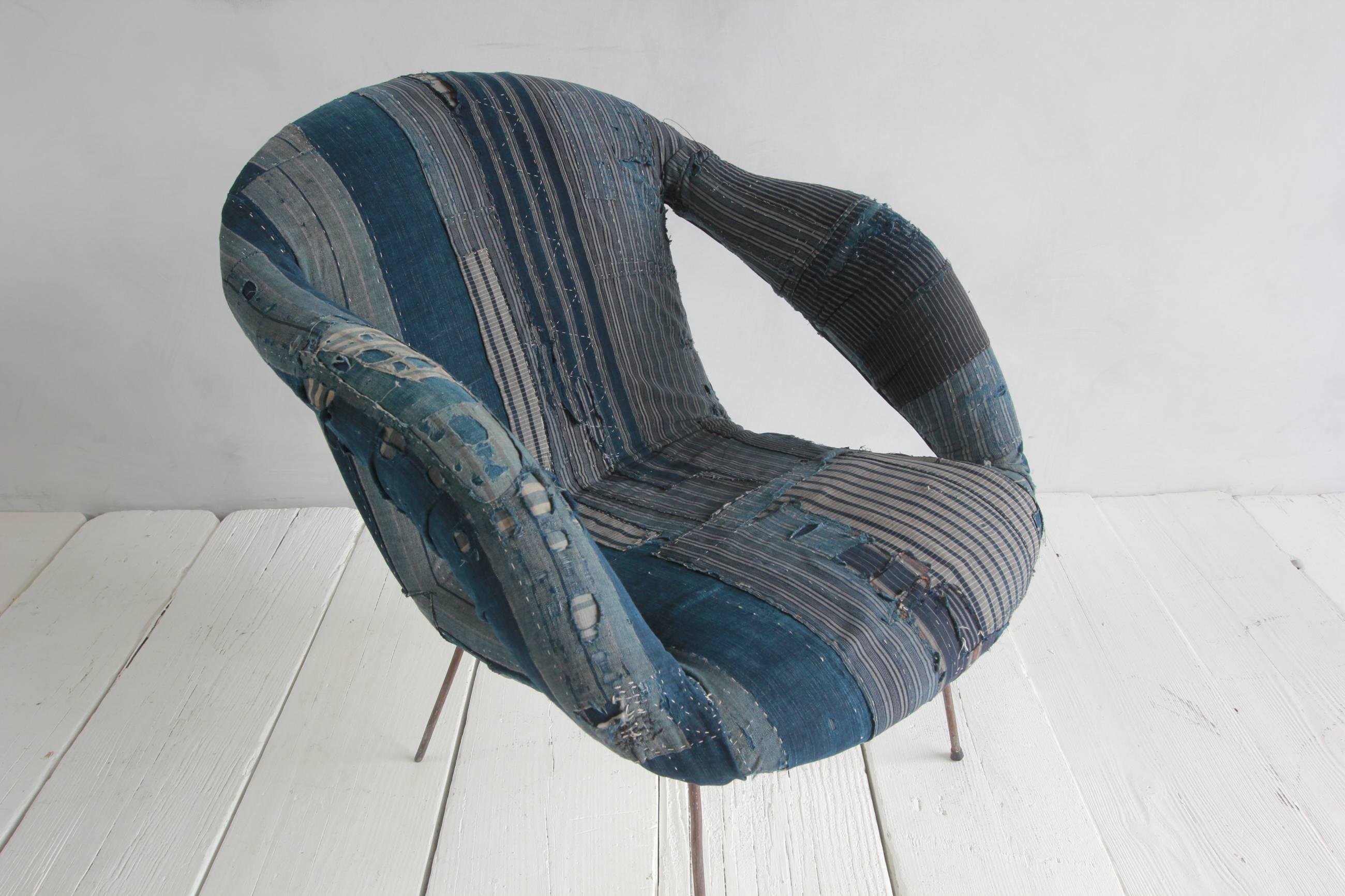 Contemporary Mid-Century Style Armchair Upholstered in Indigo African Fabric