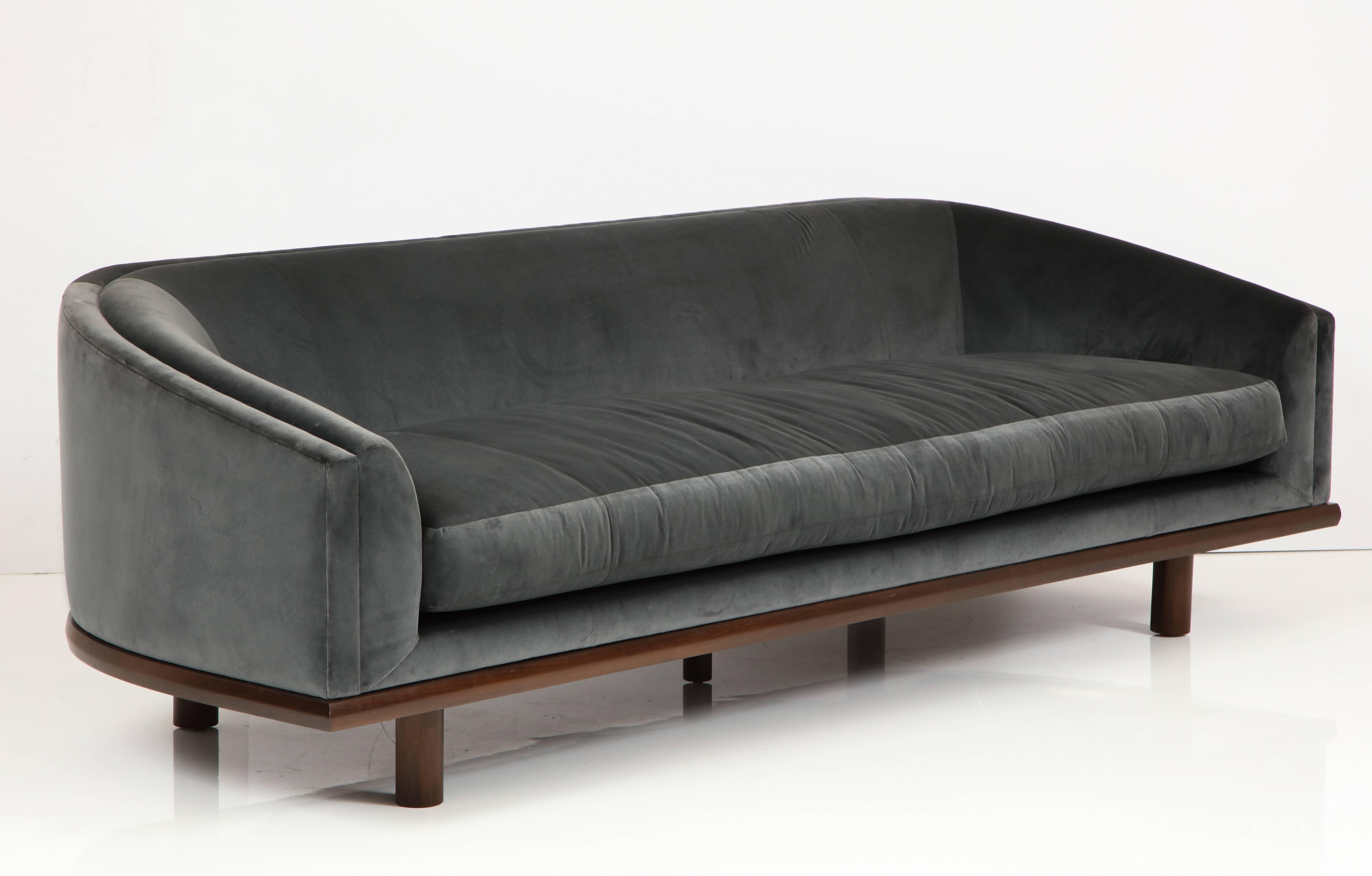 NK Curved Sofa Upholstered in Velvet with a Walnut Exposed Base 1