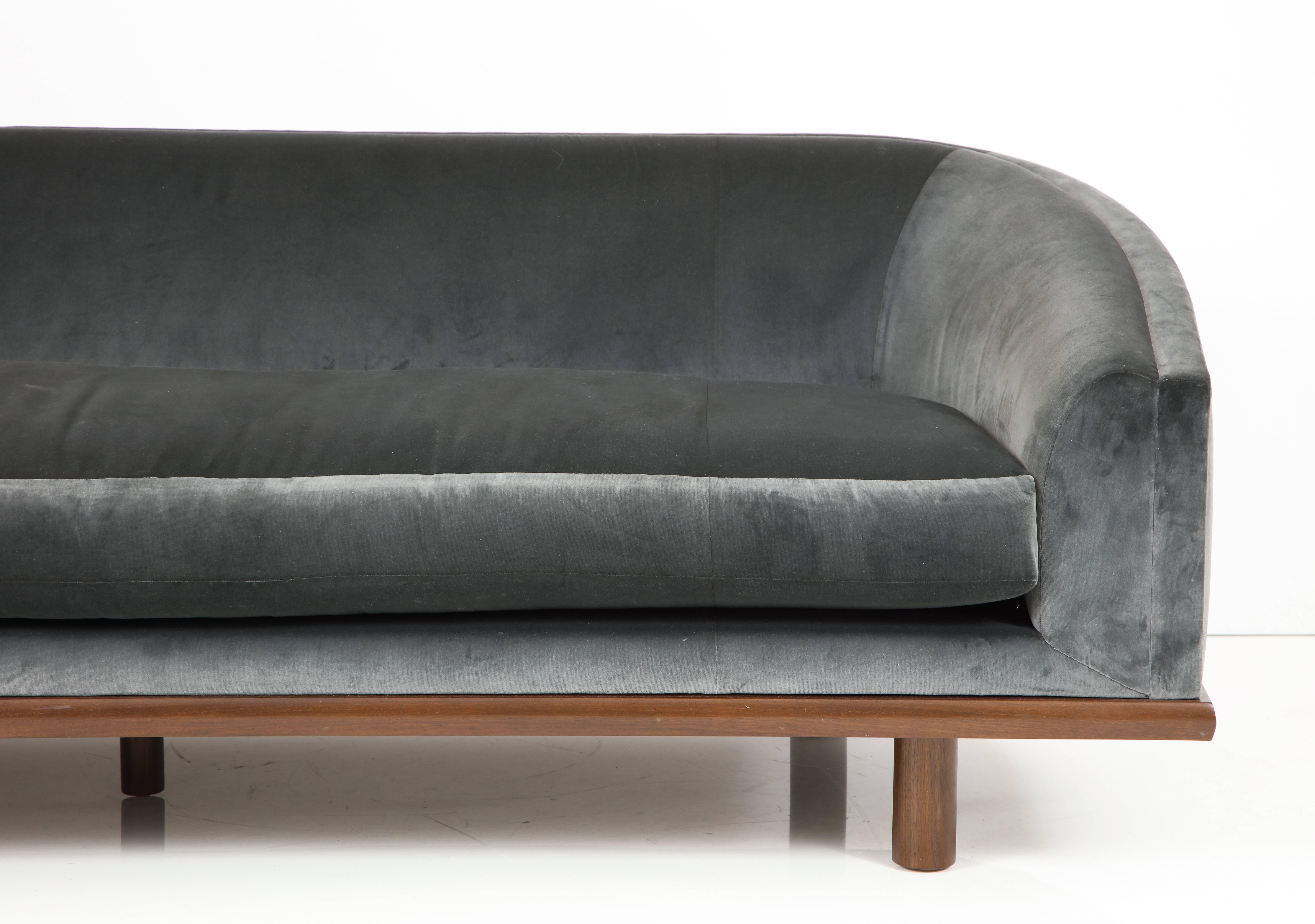 NK Curved Sofa Upholstered in Velvet with a Walnut Exposed Base 2