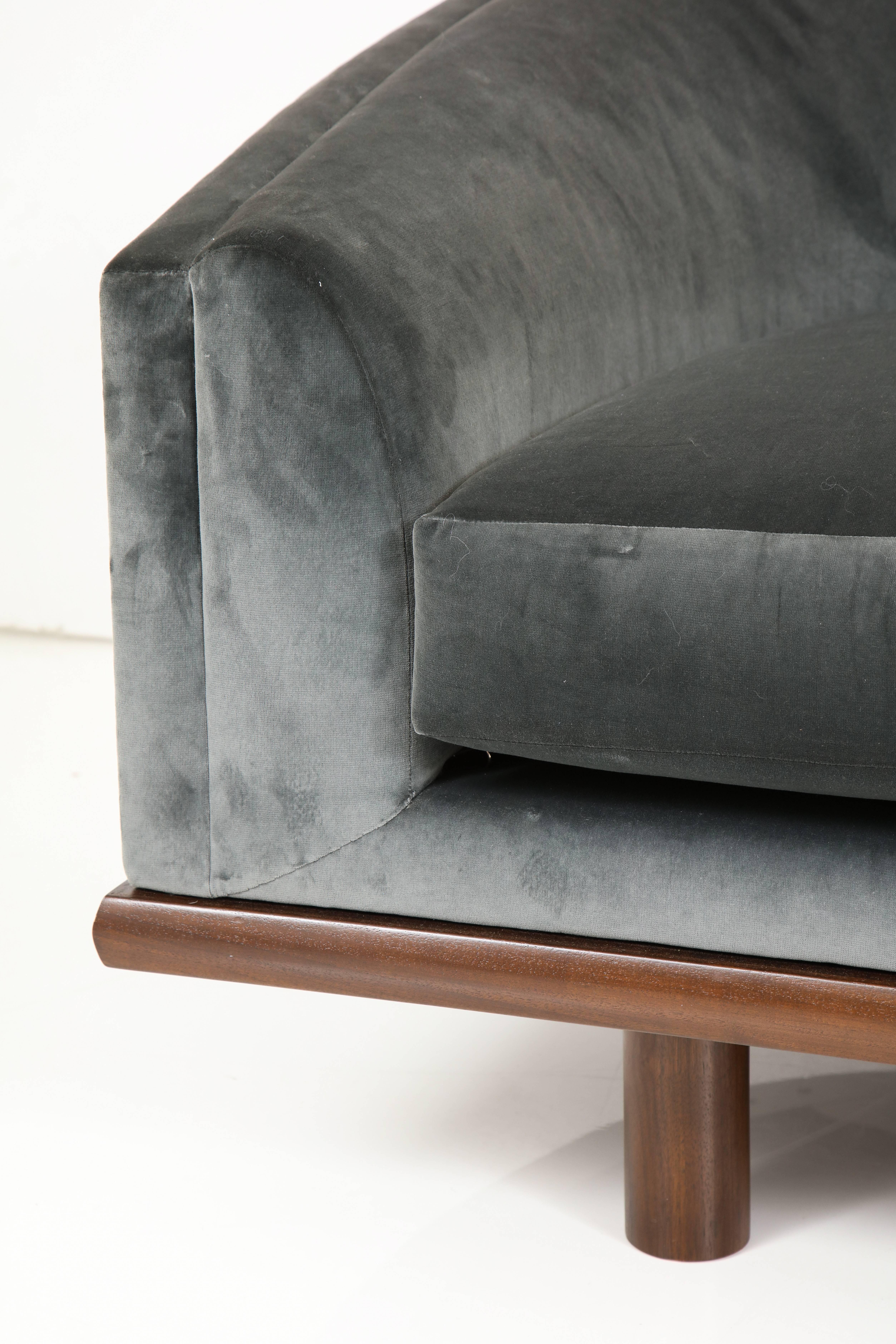 NK Curved Sofa Upholstered in Velvet with a Walnut Exposed Base 3