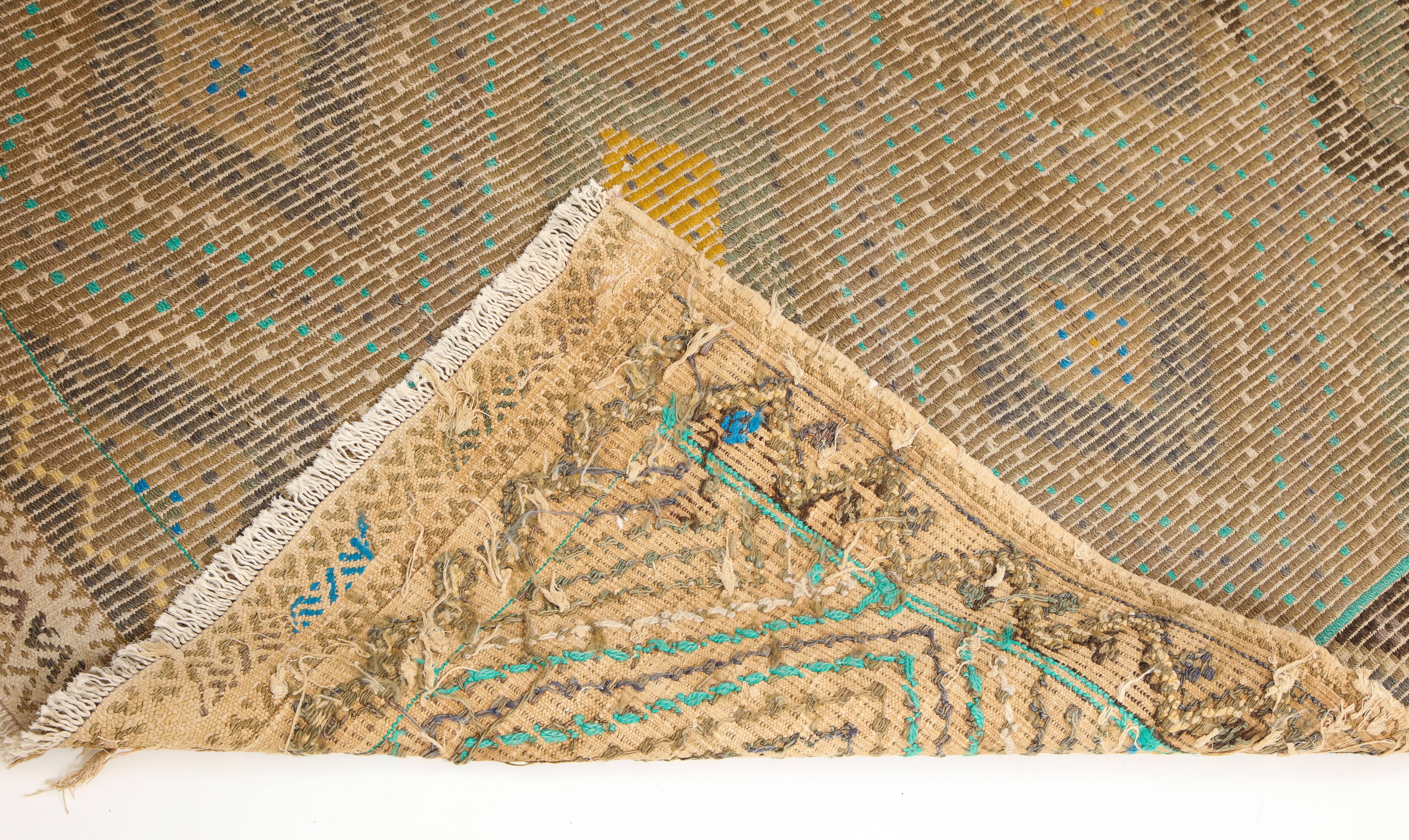 Turkish Flat-Weave Jajim Rug with Turquoise Border In Distressed Condition In Los Angeles, CA