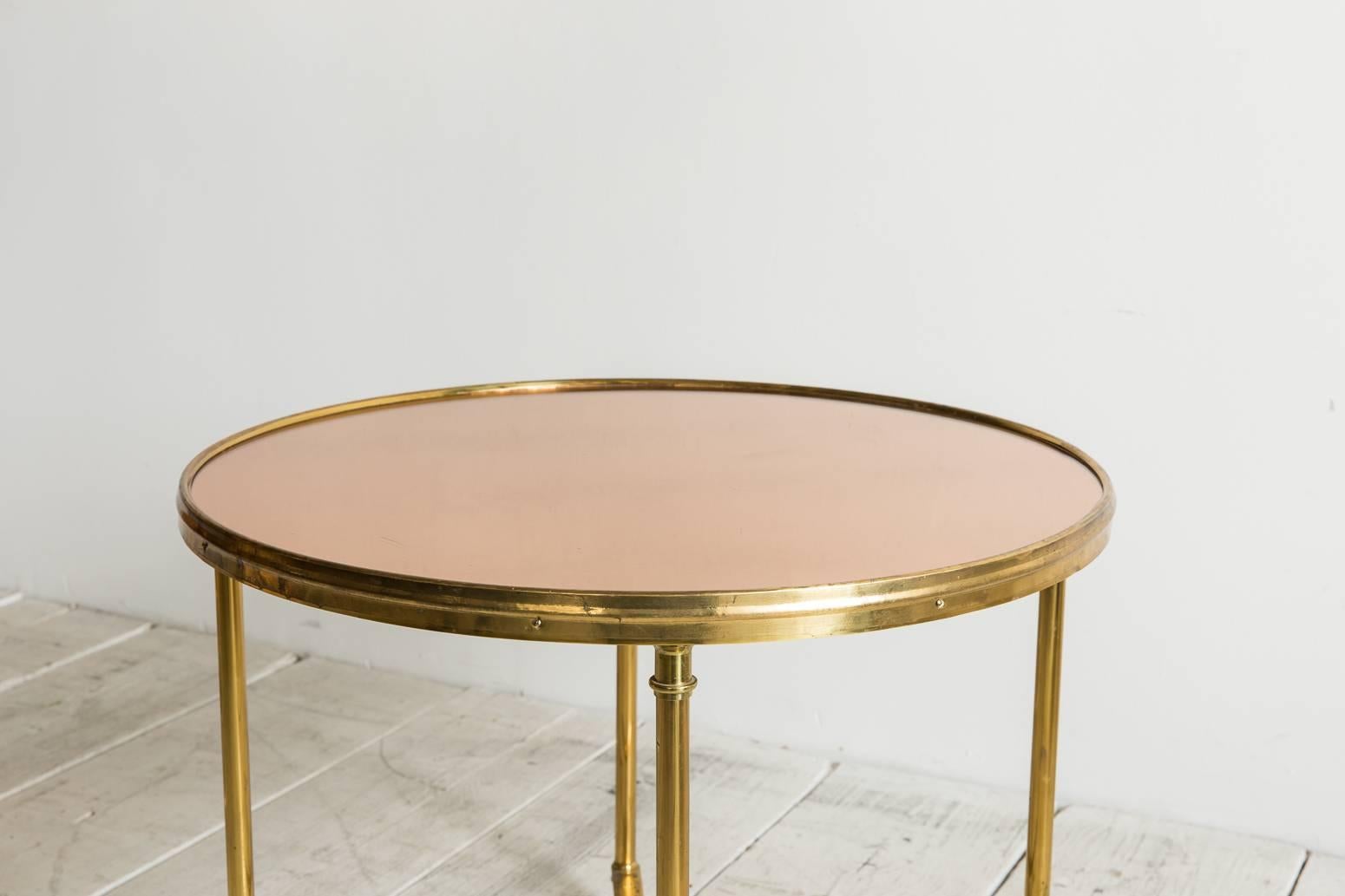 Brass Framed Rose Mirror Round Side Table In Distressed Condition In Los Angeles, CA