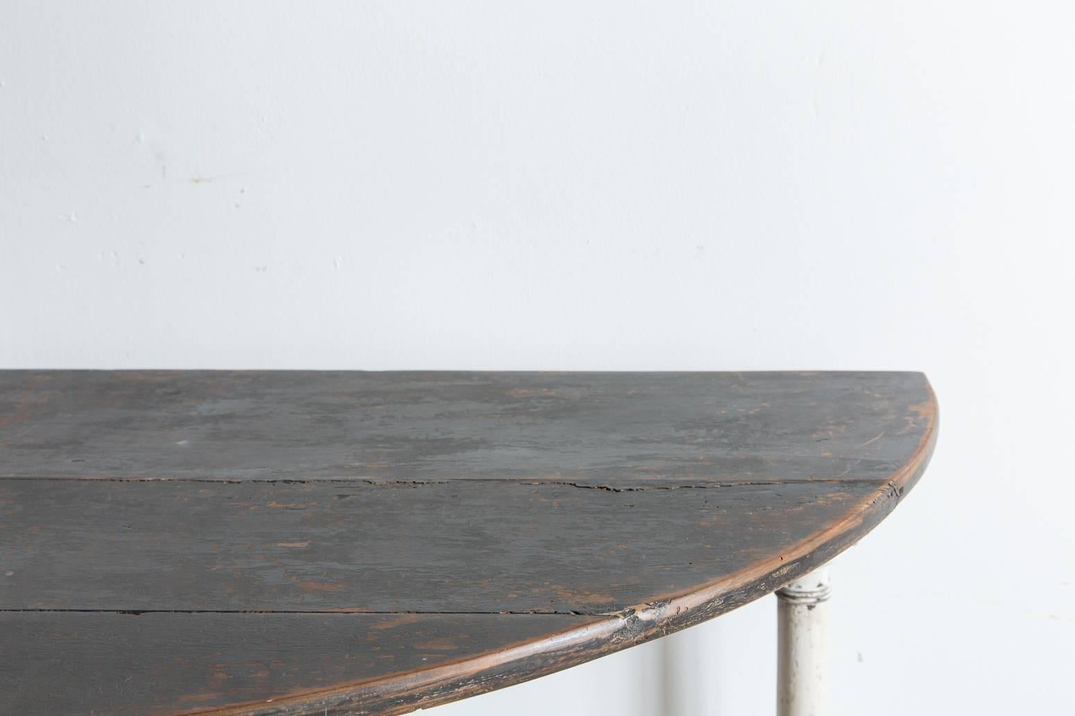 Late 19th Century Rustic Wooden Demilune Table with White Painted Base and Cylindrical Feet
