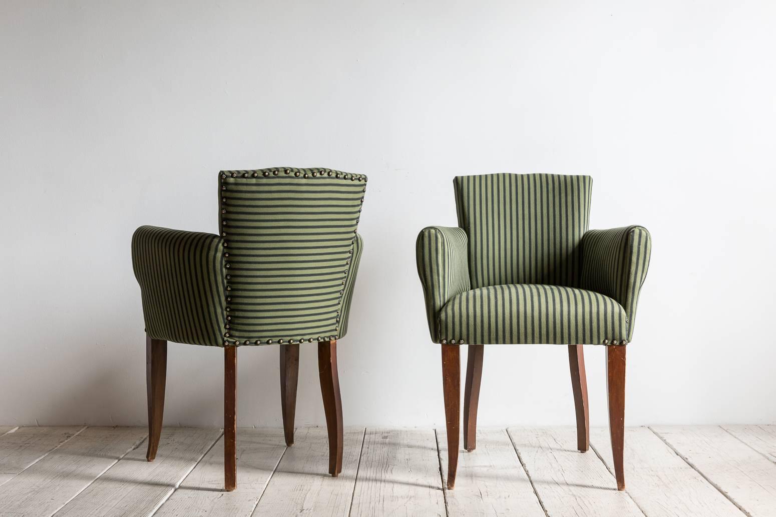 Pair of Captain Pull Up Chairs from Italy Upholstered in Howe Striped Fabric In Excellent Condition In Los Angeles, CA