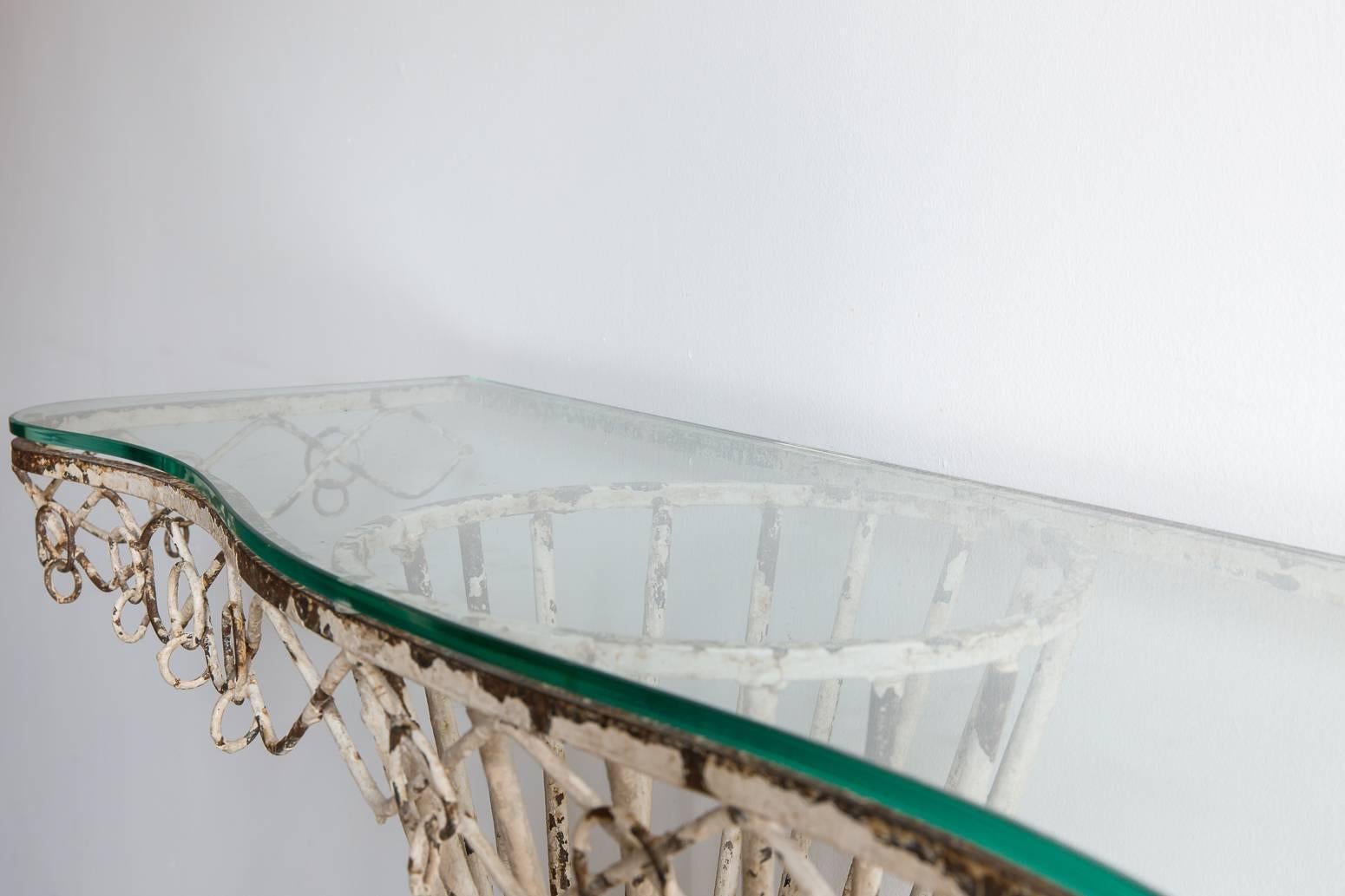 White Painted Metal Console with a Twisted Cylindrical Base and Glass Top 1