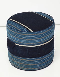 NK Collection Small Round Hassock Upholstered in Indigo African Fabric