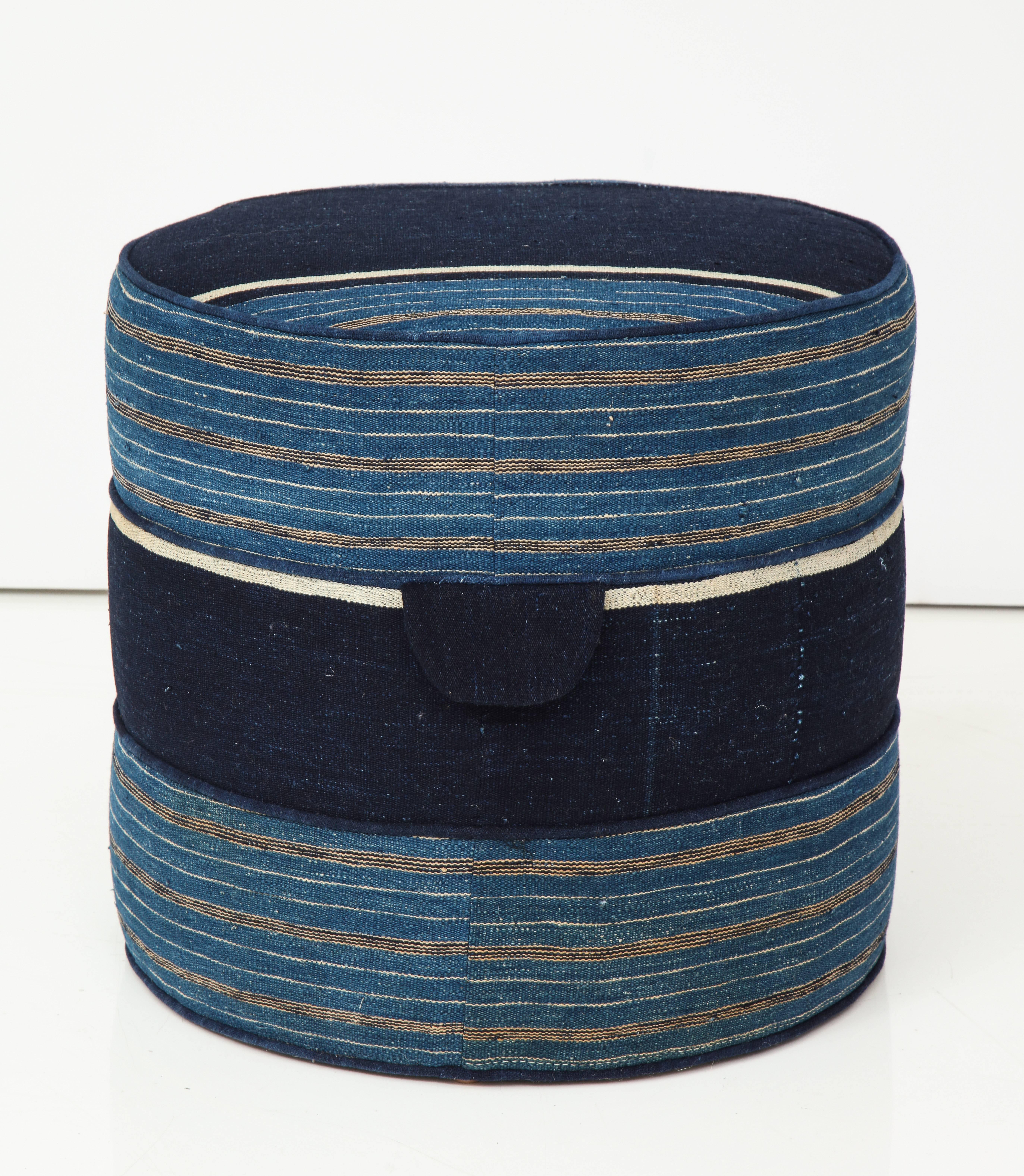 Contemporary NK Collection Small Round Hassock Upholstered in Indigo African Fabric