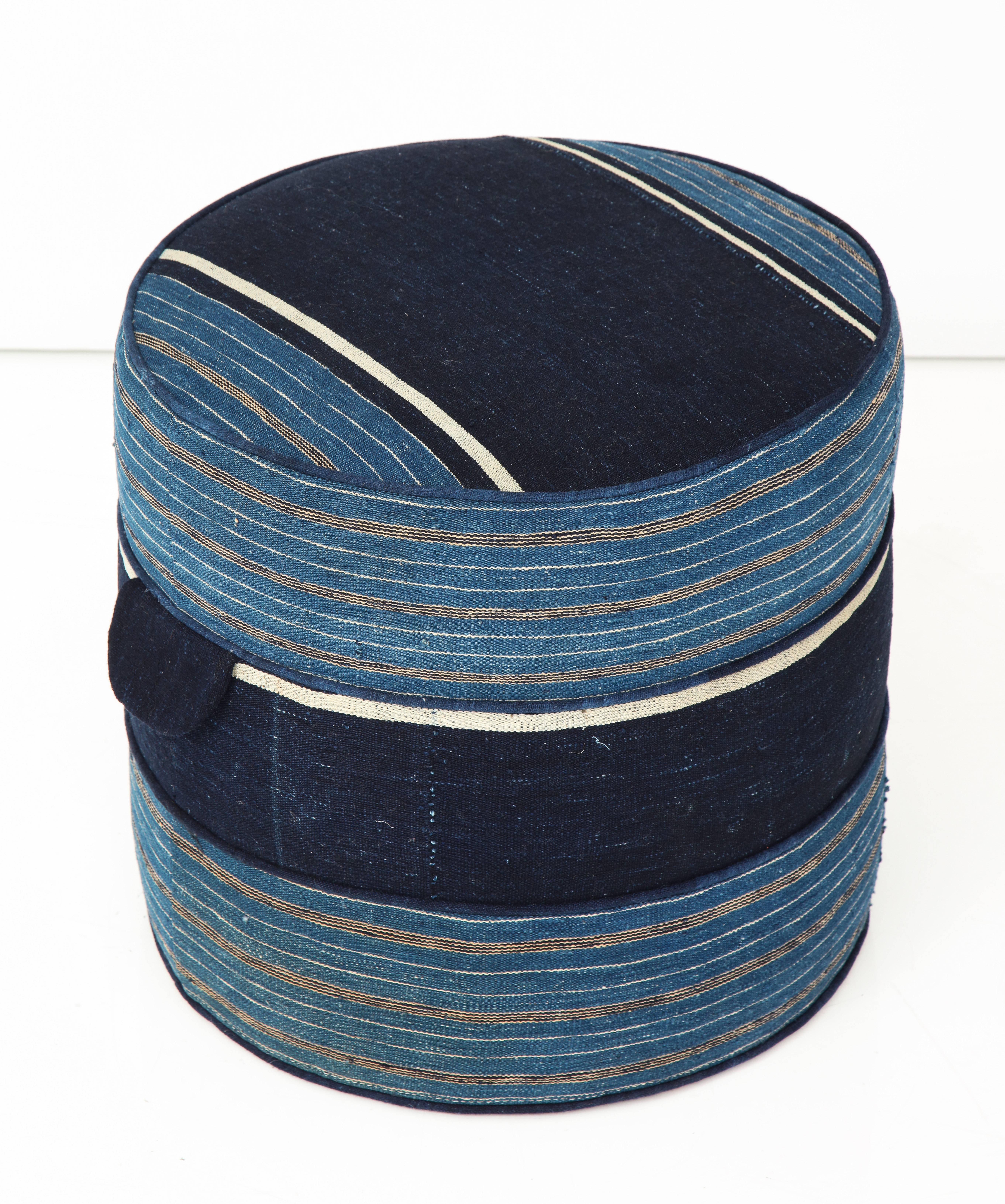 NK Collection Small Round Hassock Upholstered in Indigo African Fabric 1