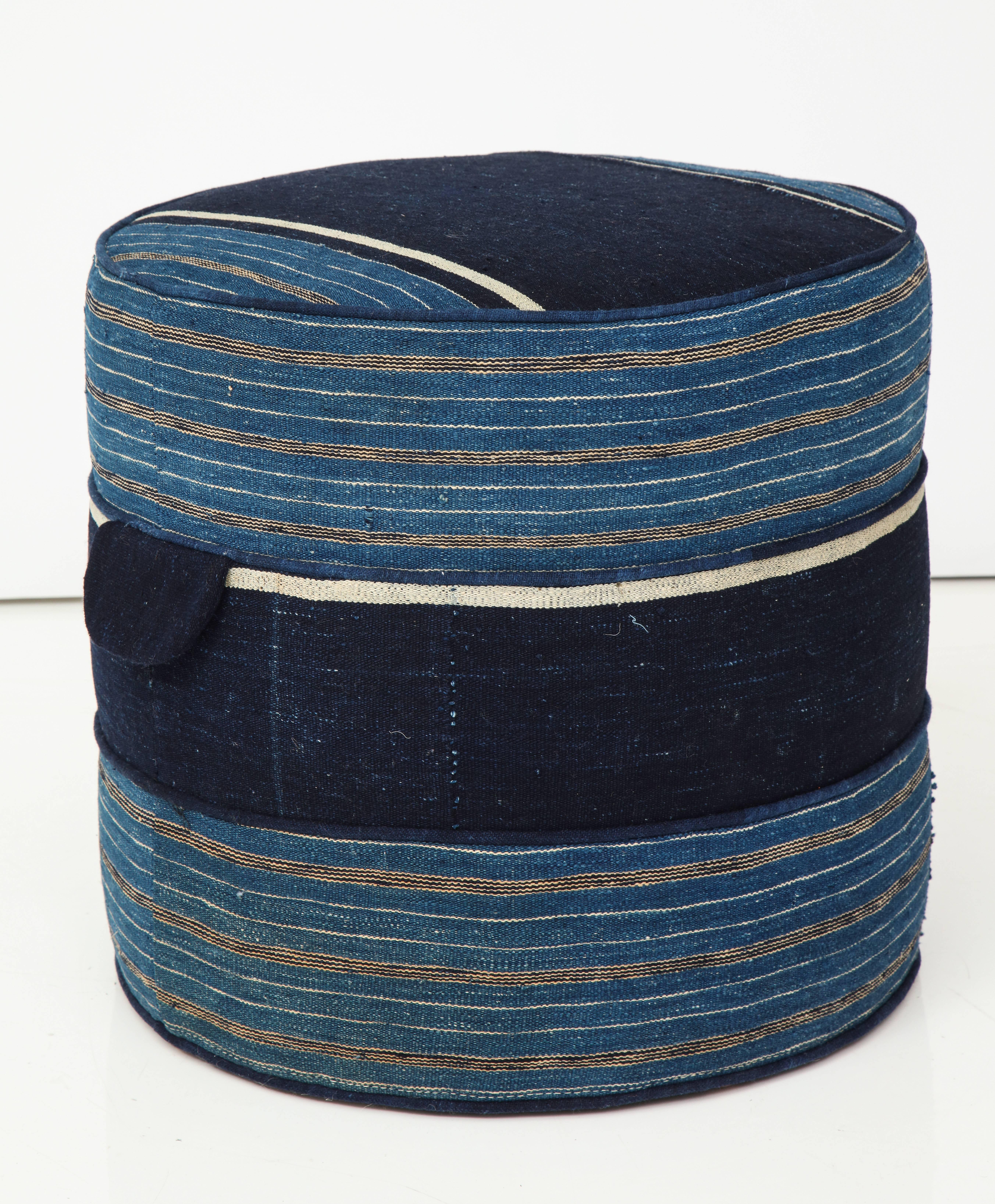 NK Collection Small Round Hassock Upholstered in Indigo African Fabric In Excellent Condition In Los Angeles, CA