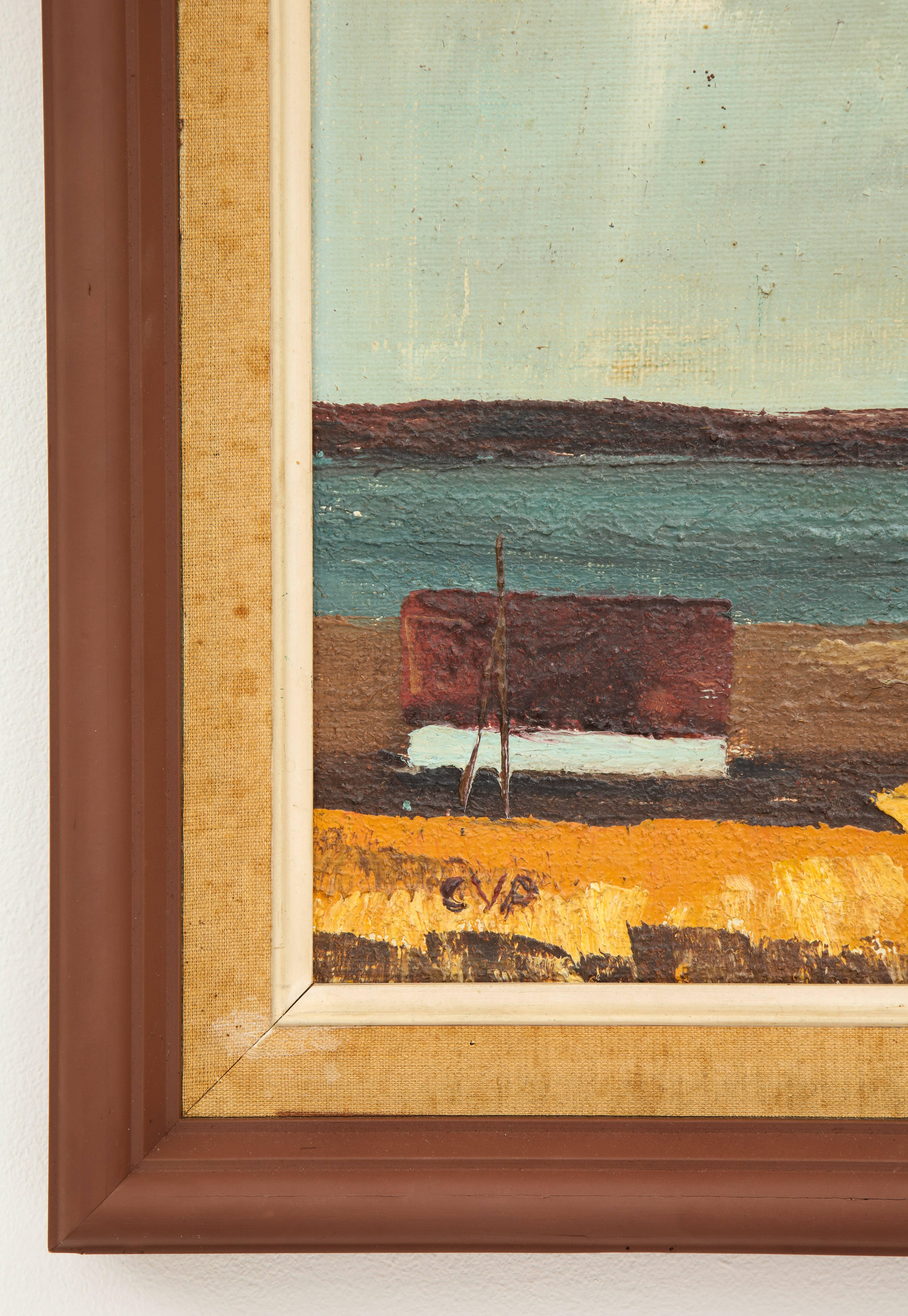 Wood Framed Vintage Landscape with Seaside Scene with House In Distressed Condition In Los Angeles, CA