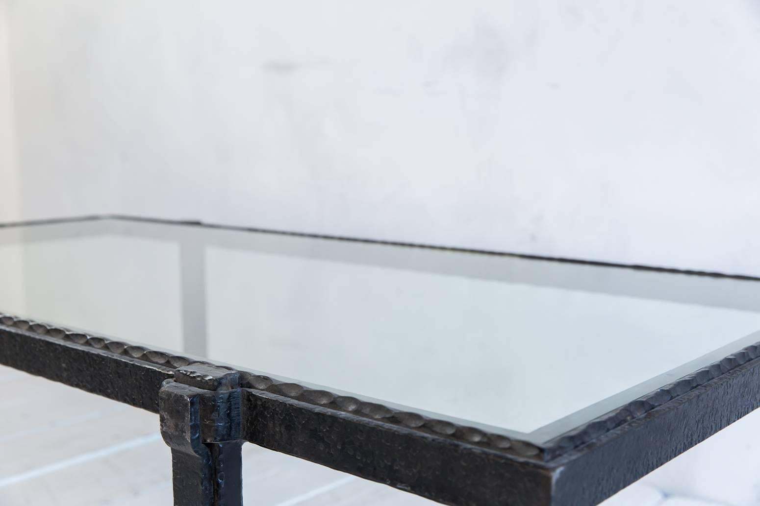 Rectangular Brutalist Iron and Glass Cocktail Table In Excellent Condition In Los Angeles, CA