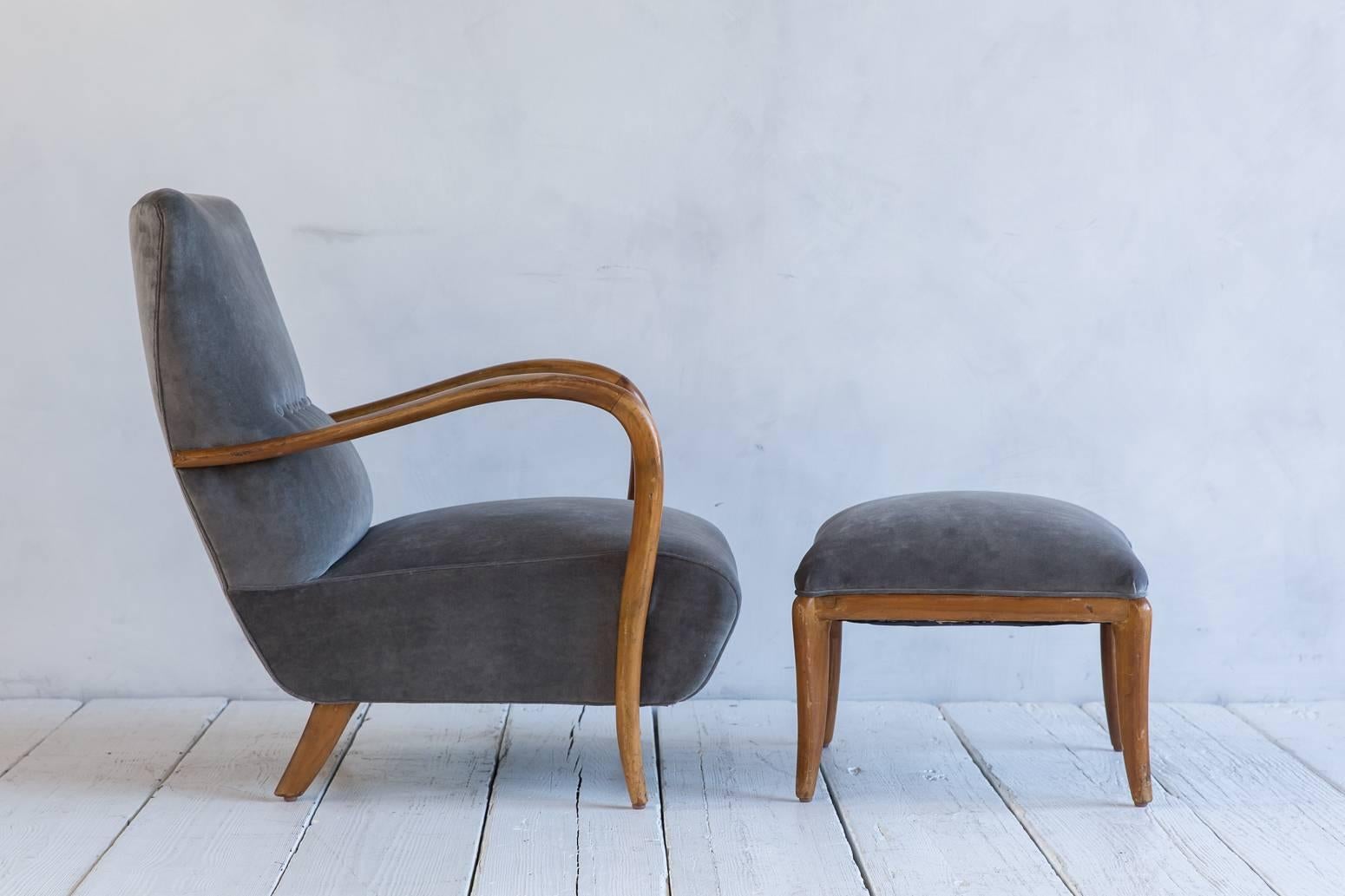 Mid-20th Century French Armchair and Matching Ottoman Upholstered in Grey Velvet