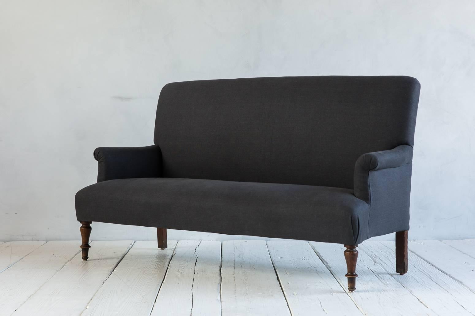 Mid-20th Century Vintage Settee with Turned Legs Newly Upholstered in Graphite Linen