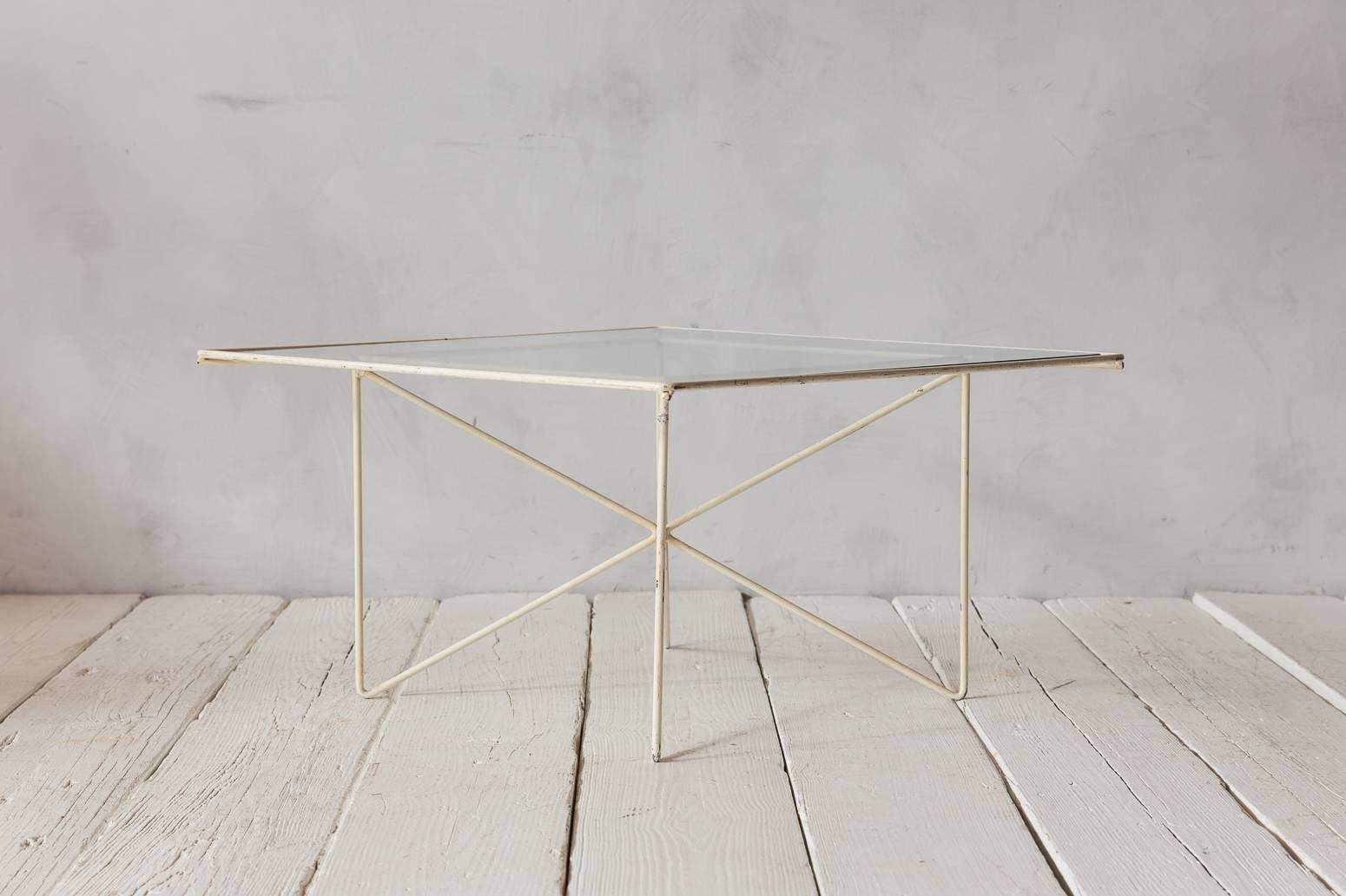 Vintage French geometric white metal and glass cocktail table.