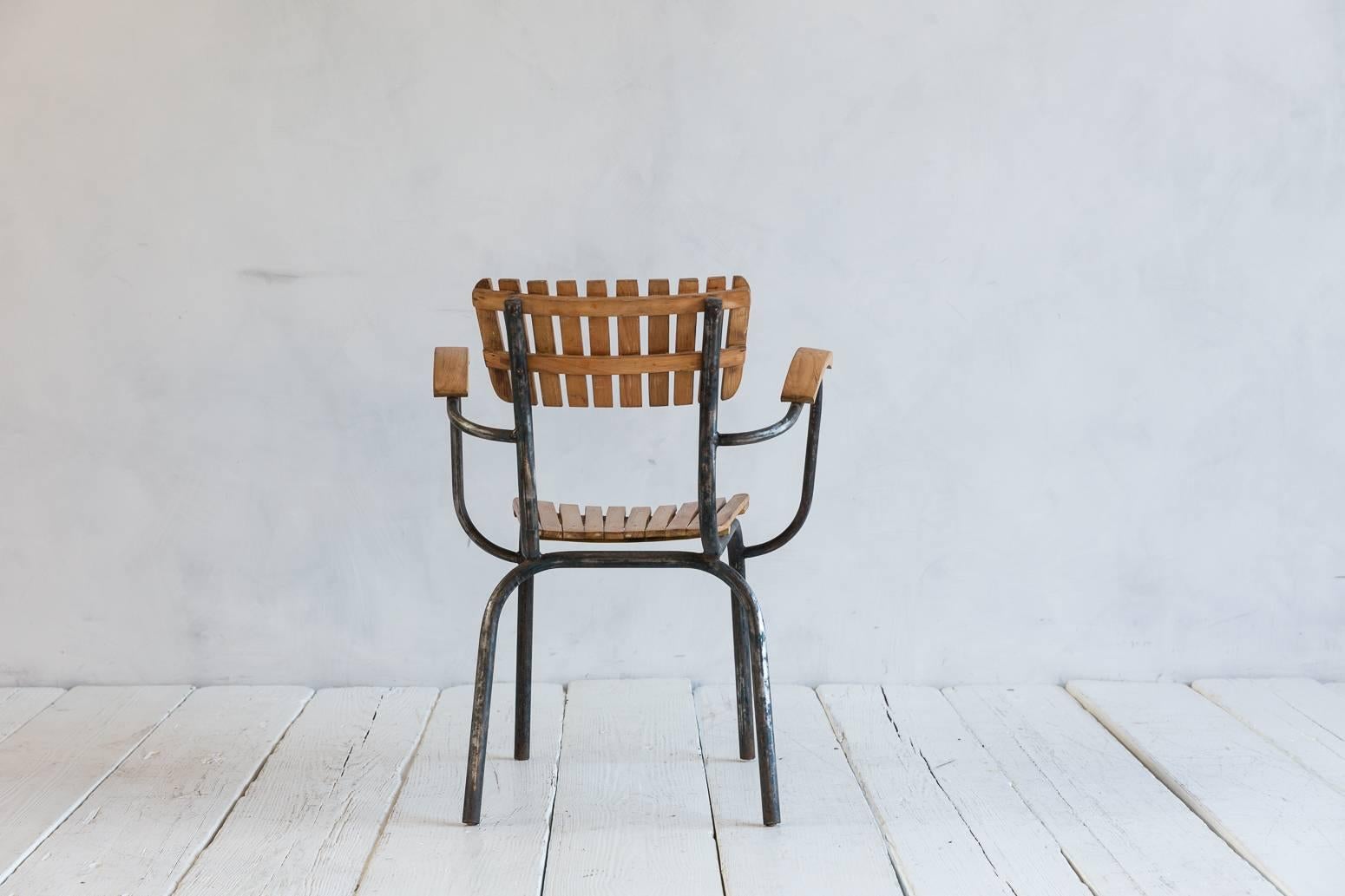 Set of Four Slatted Metal and Wood Armchairs 3