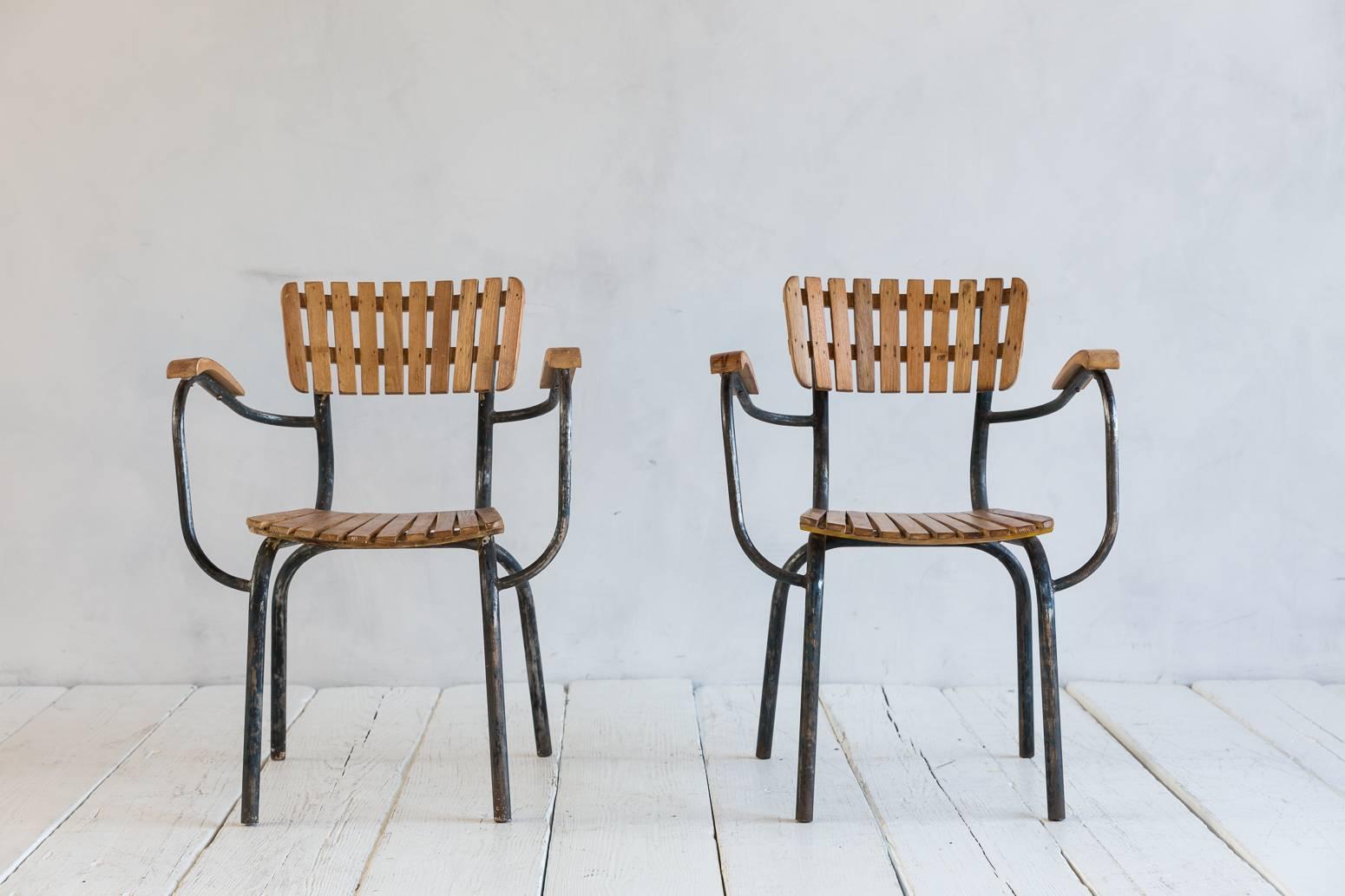 Set of Four Slatted Metal and Wood Armchairs 1