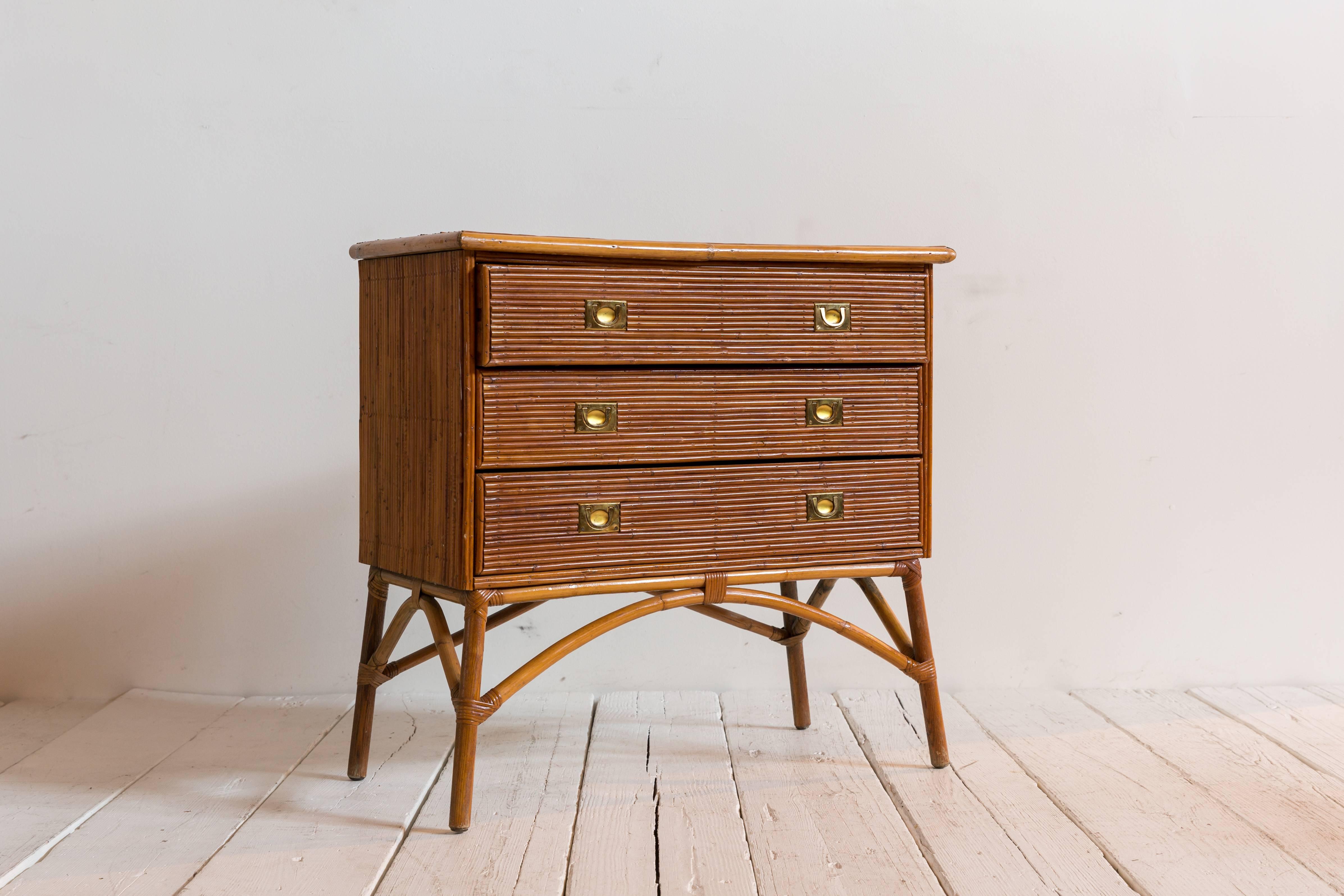 French Bamboo Three-Drawer Dresser Commode with Brass Pulls 2
