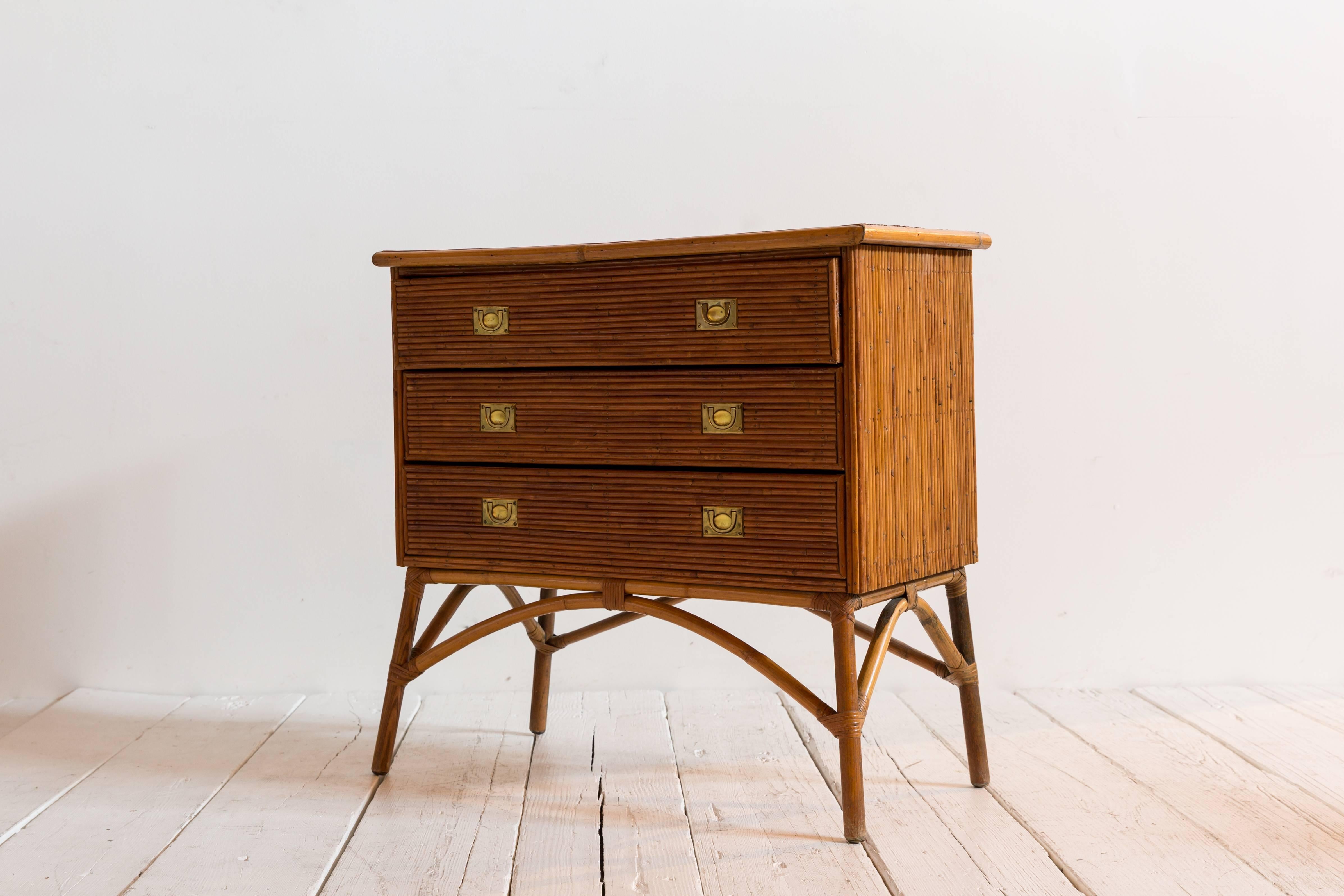 French Bamboo Three-Drawer Dresser Commode with Brass Pulls 1