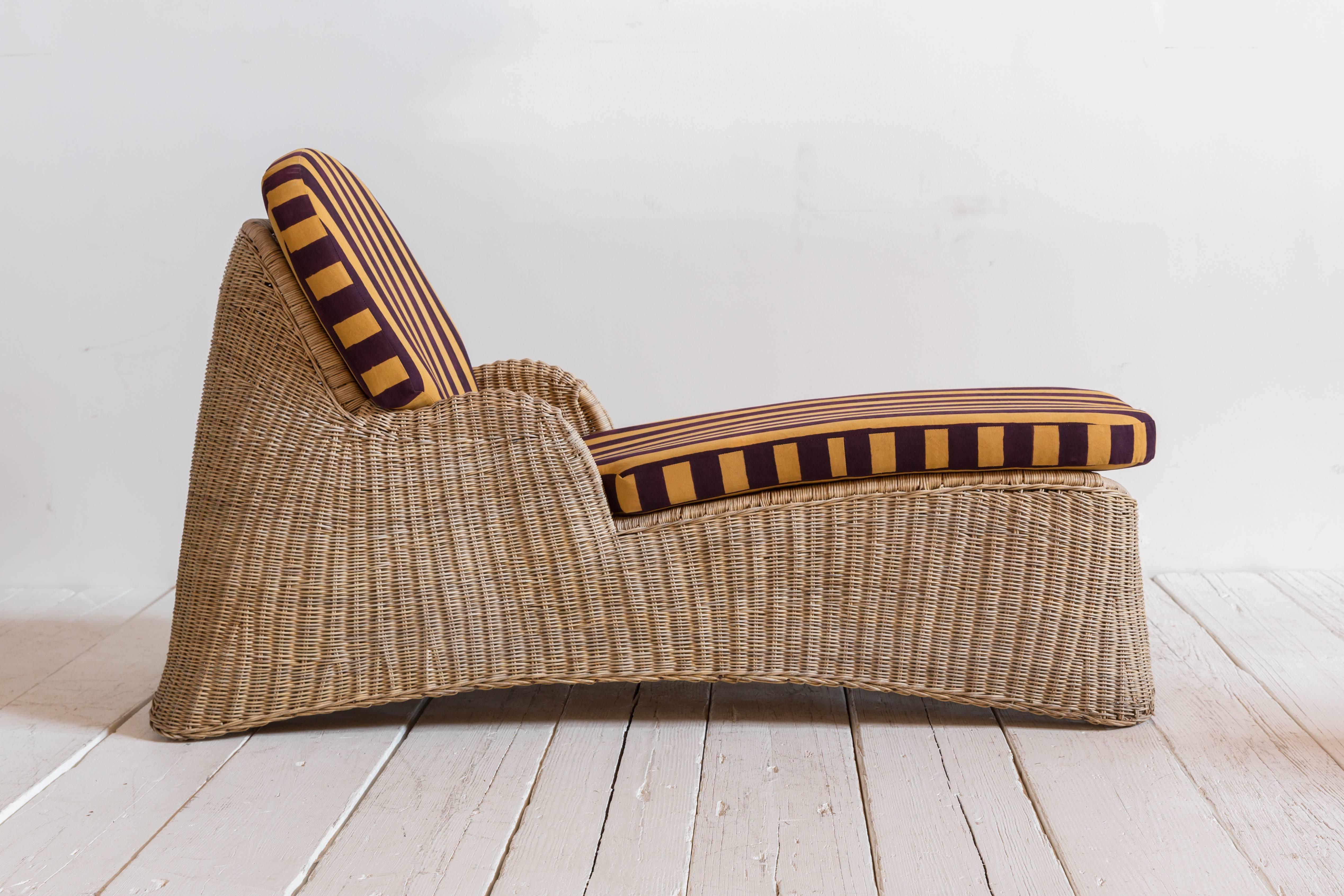 Wicker Chaise Newly Upholstered in Lisa Corti Purple and Yellow Striped Fabric In Excellent Condition In Los Angeles, CA