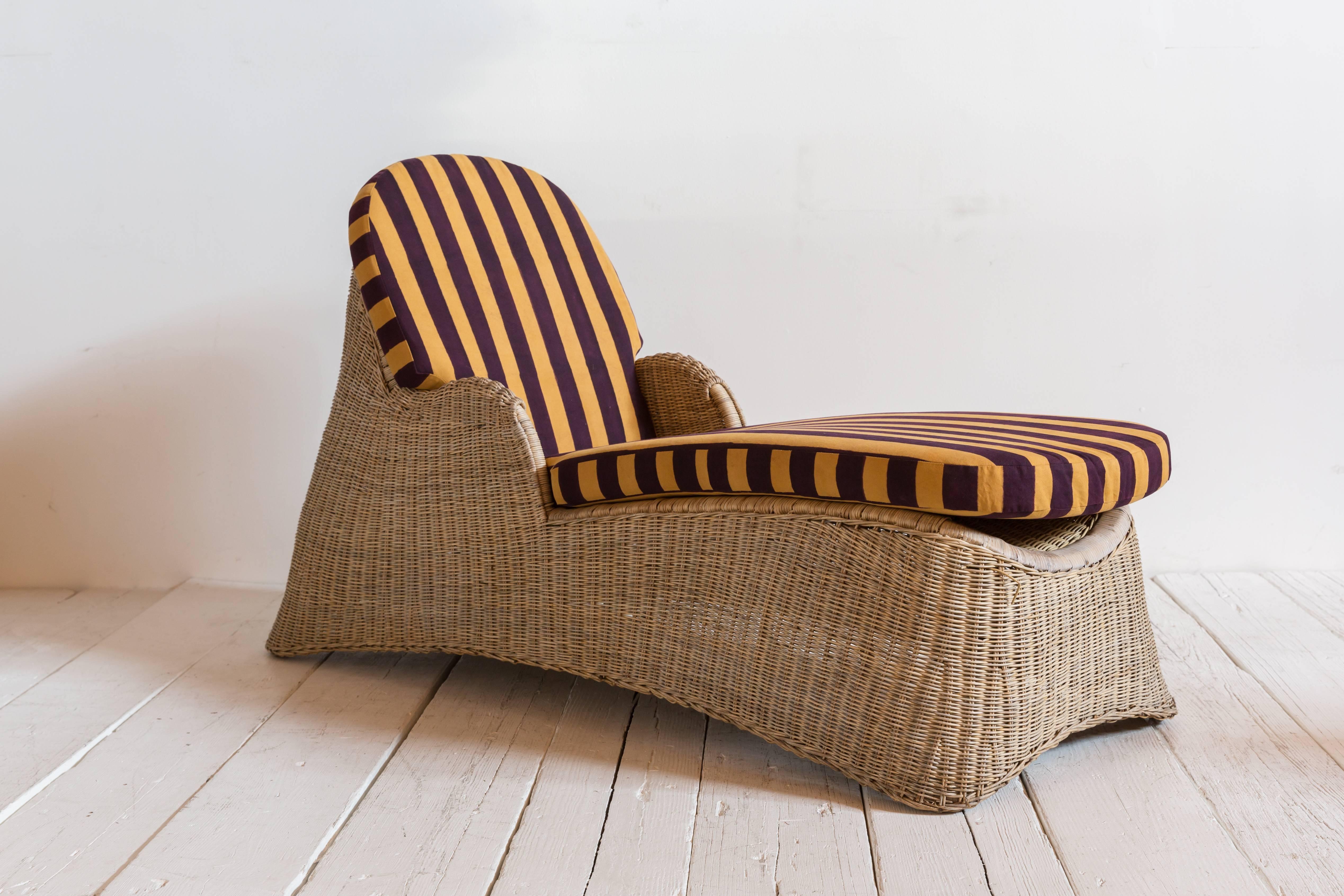 Late 20th Century Wicker Chaise Newly Upholstered in Lisa Corti Purple and Yellow Striped Fabric