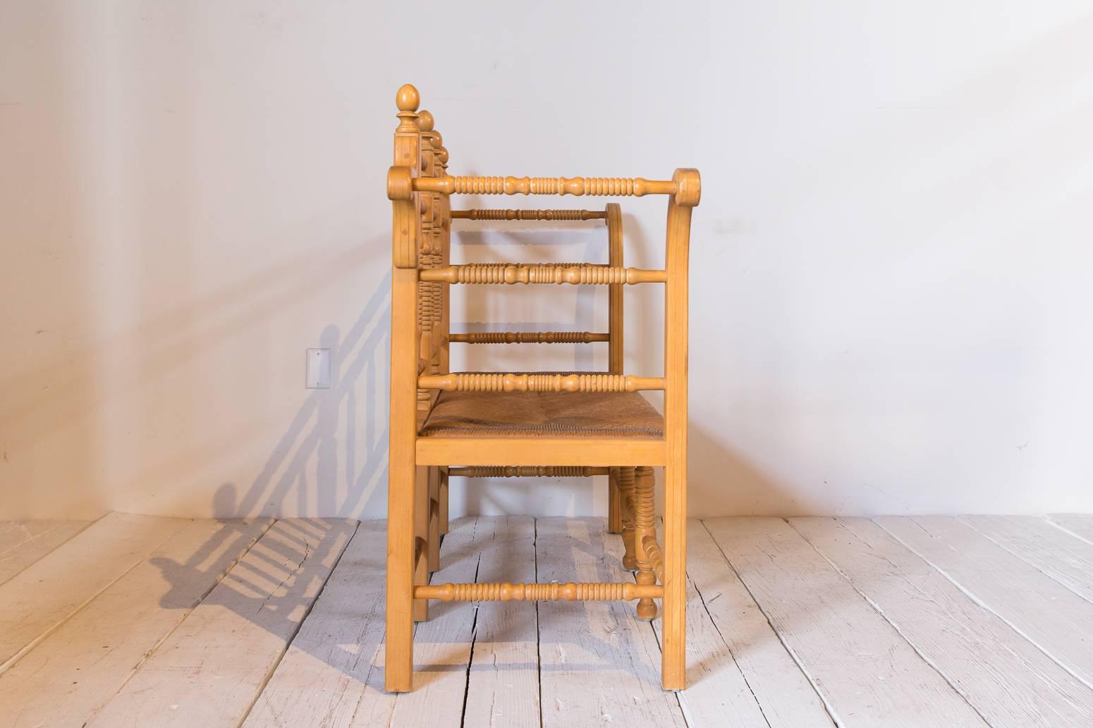 Edwardian Style Light Oak Spindle Bench with Rush Seat and Curved Arms 1