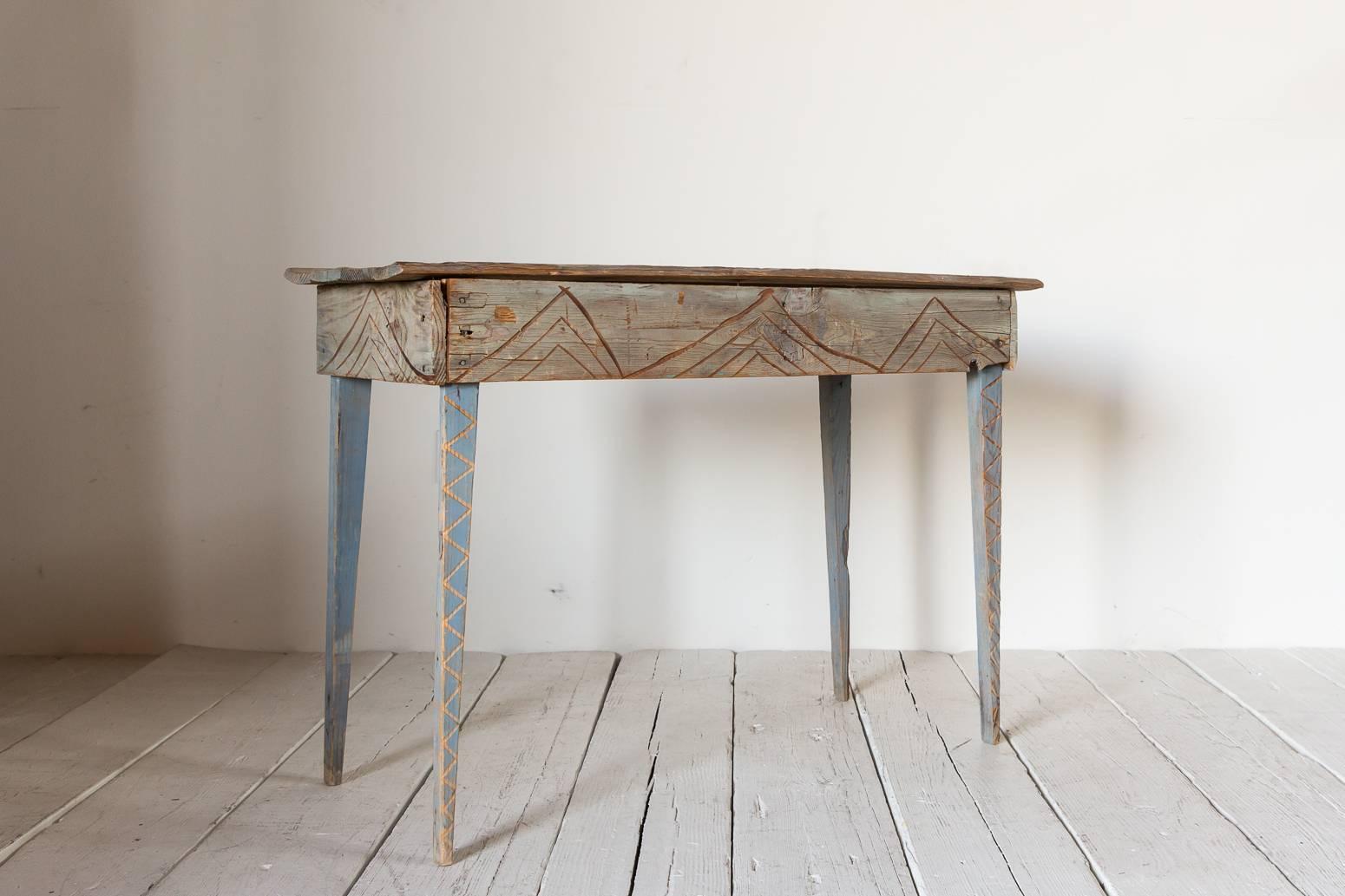 Primitive Blue Painted South Western Style Console with Geometric Carvings In Distressed Condition In Los Angeles, CA