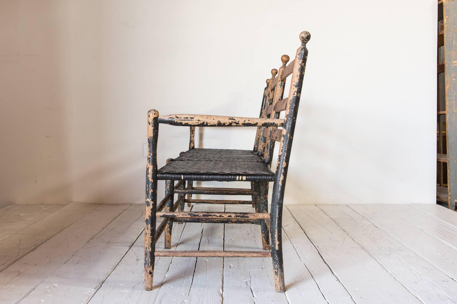 Rustic Ladder Back Bench with Spindle Details and Black Rush Seat 1