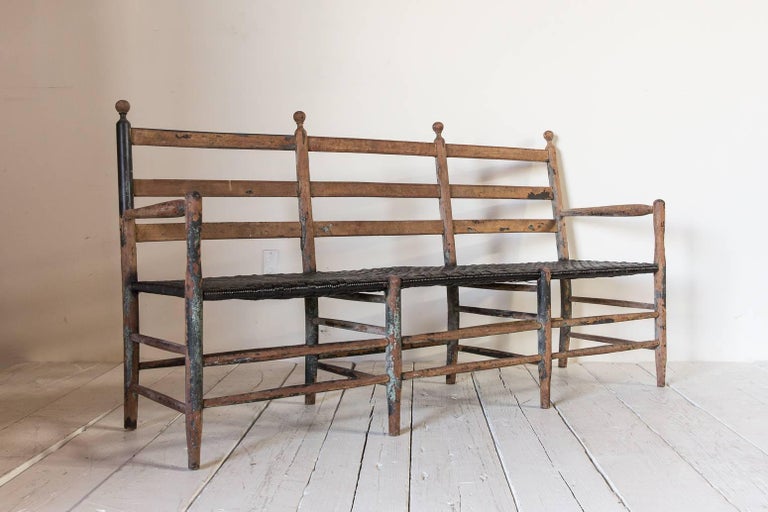 Rustic Ladder Back Bench with Spindle Details and Black Rush Seat at