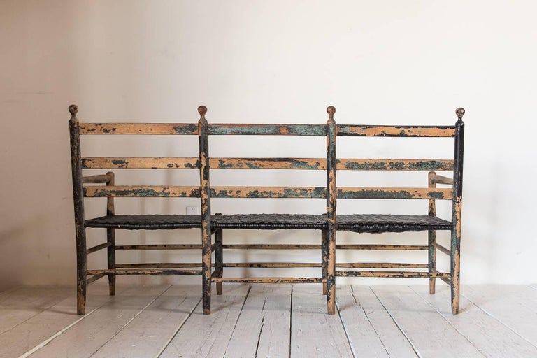 Rustic Ladder Back Bench with Spindle Details and Black Rush Seat at