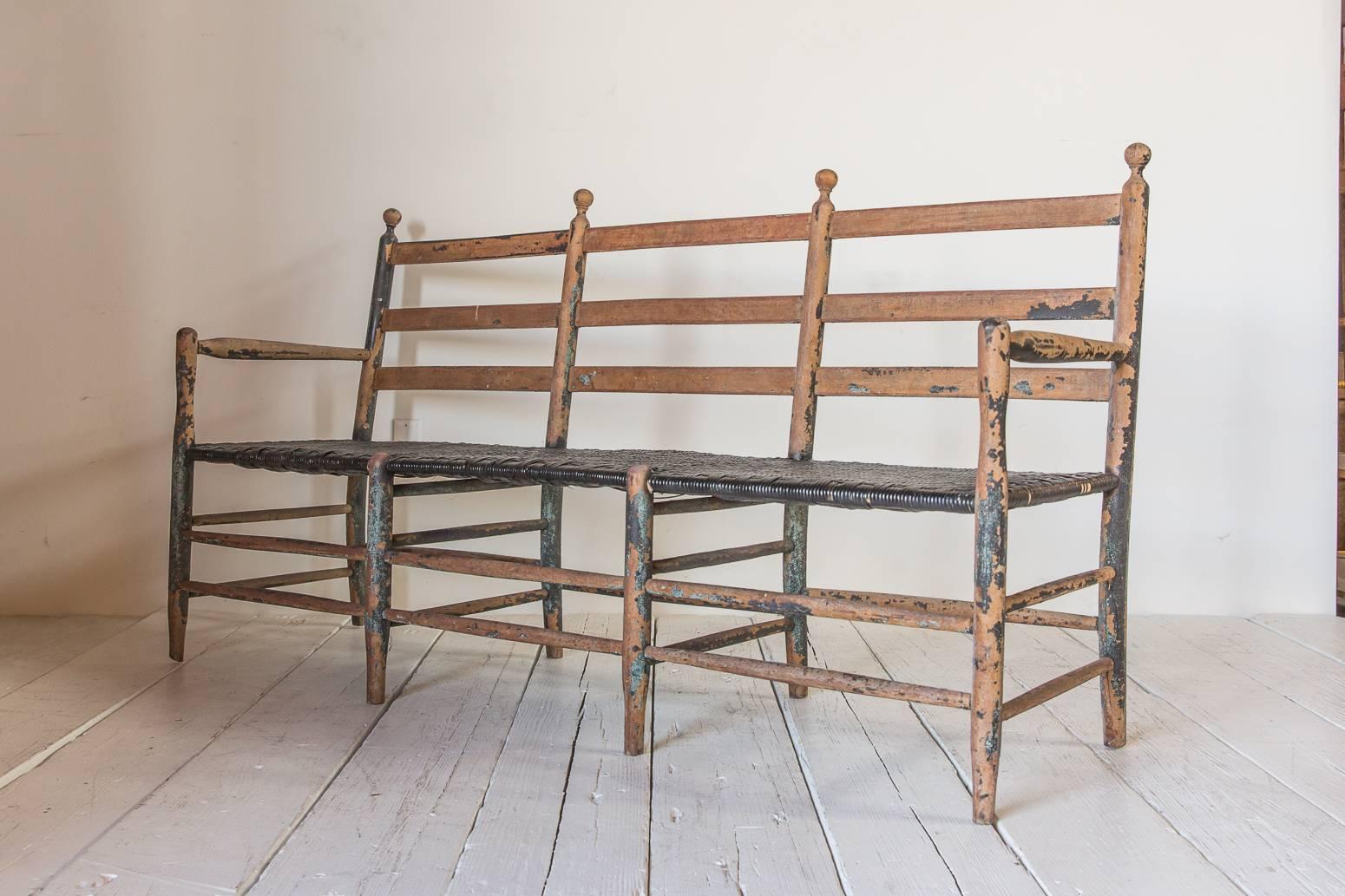 Rustic Ladder Back Bench with Spindle Details and Black Rush Seat 2
