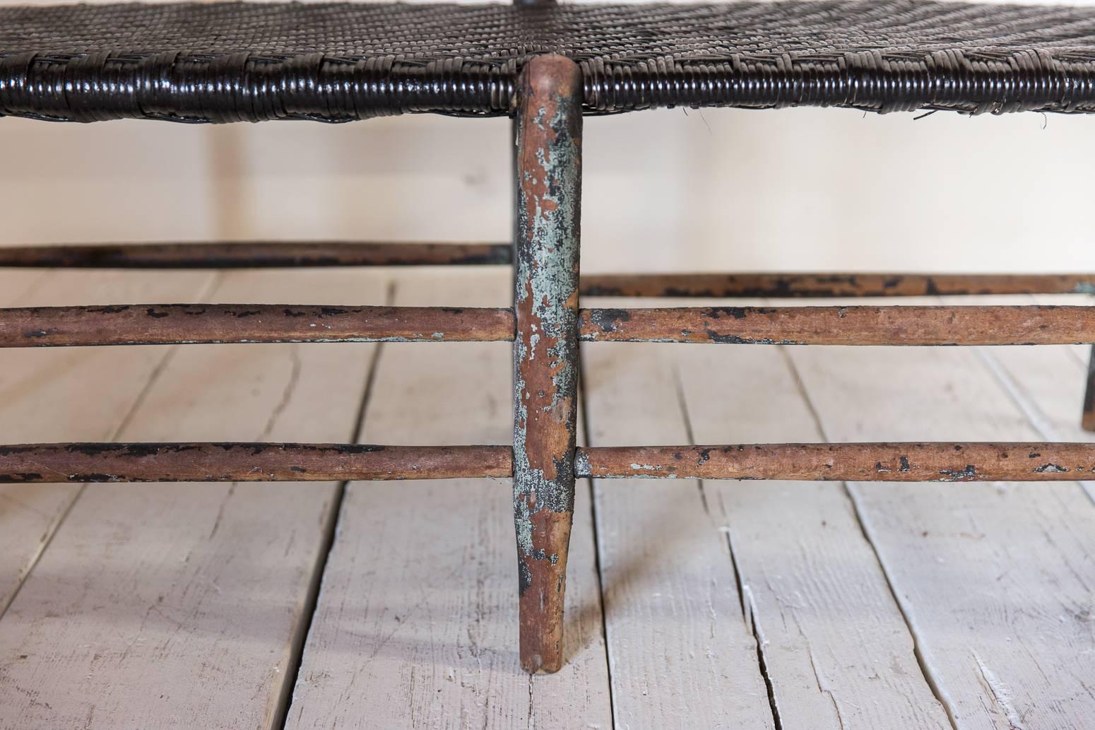 Rustic Ladder Back Bench with Spindle Details and Black Rush Seat 3