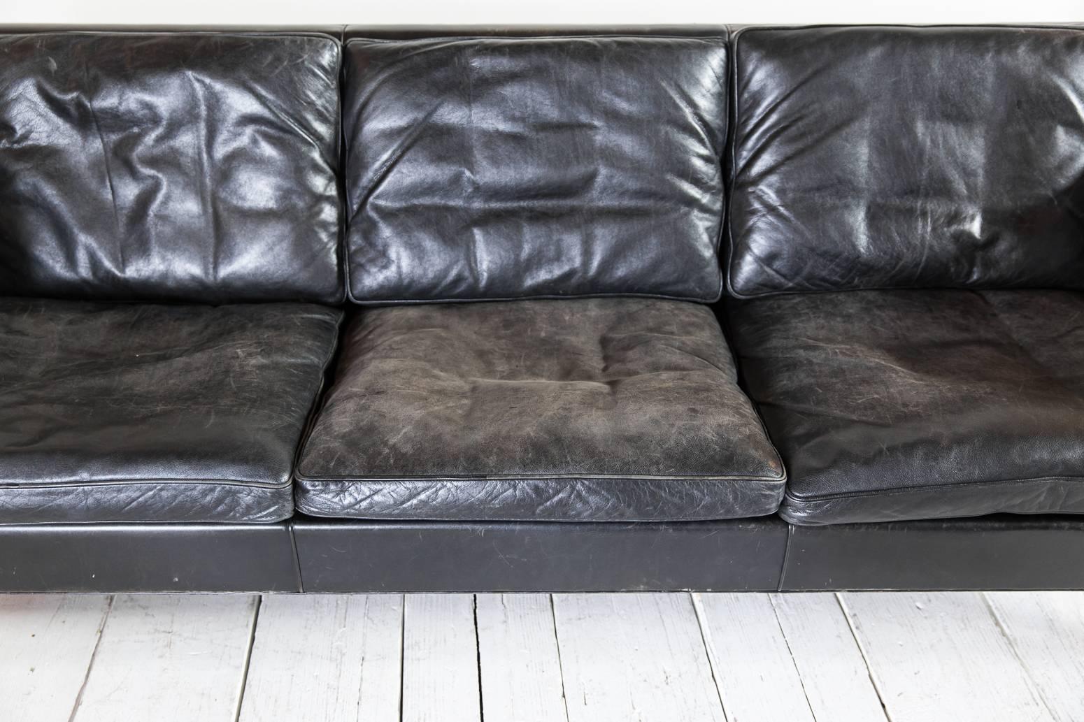 Mid-20th Century Black Leather Borge Mogensen Style Sofa