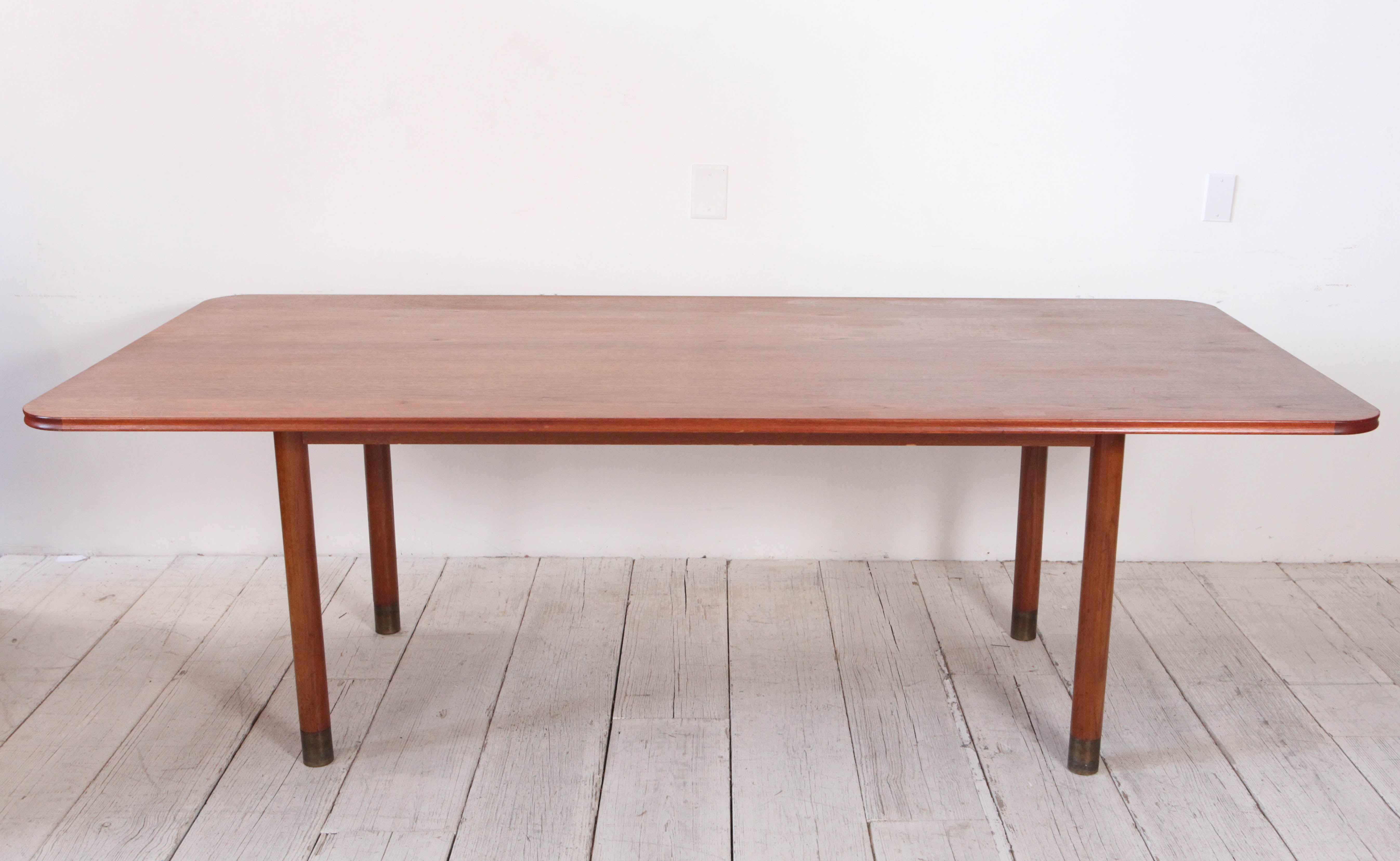 Rare Oak and Brass Mid-Century Modern Dining Table