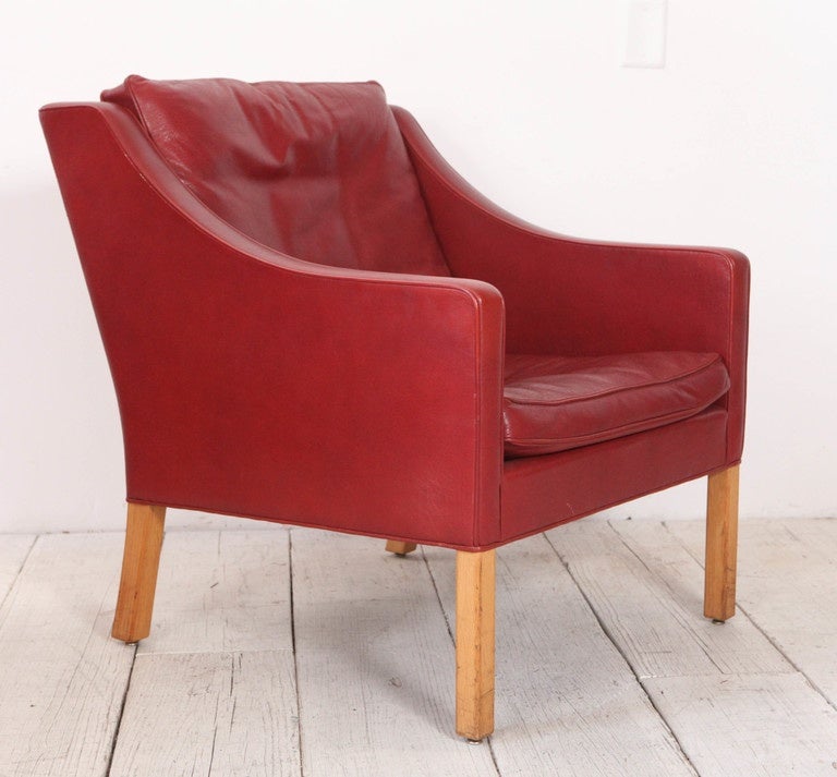 Vintage red leather arm lounge chairs by Børge Mogensen for Fredericia Furniture.