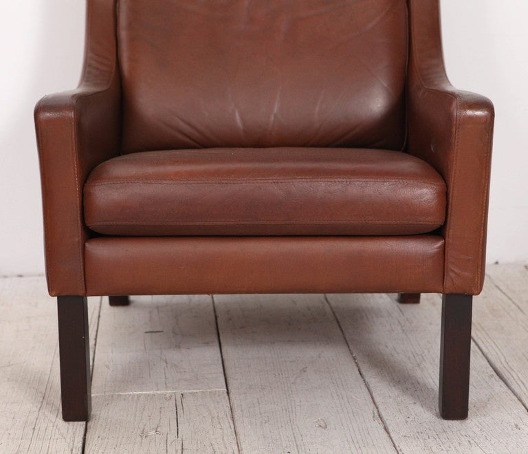 Scandinavian Modern Cognac Leather Børge Mogensen Style Wingback Chair