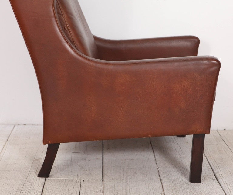 Cognac Leather Børge Mogensen Style Wingback Chair In Good Condition In Los Angeles, CA