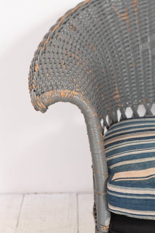 Vintage Wicker Veranda Chair with African Mudcloth Cushion For Sale at