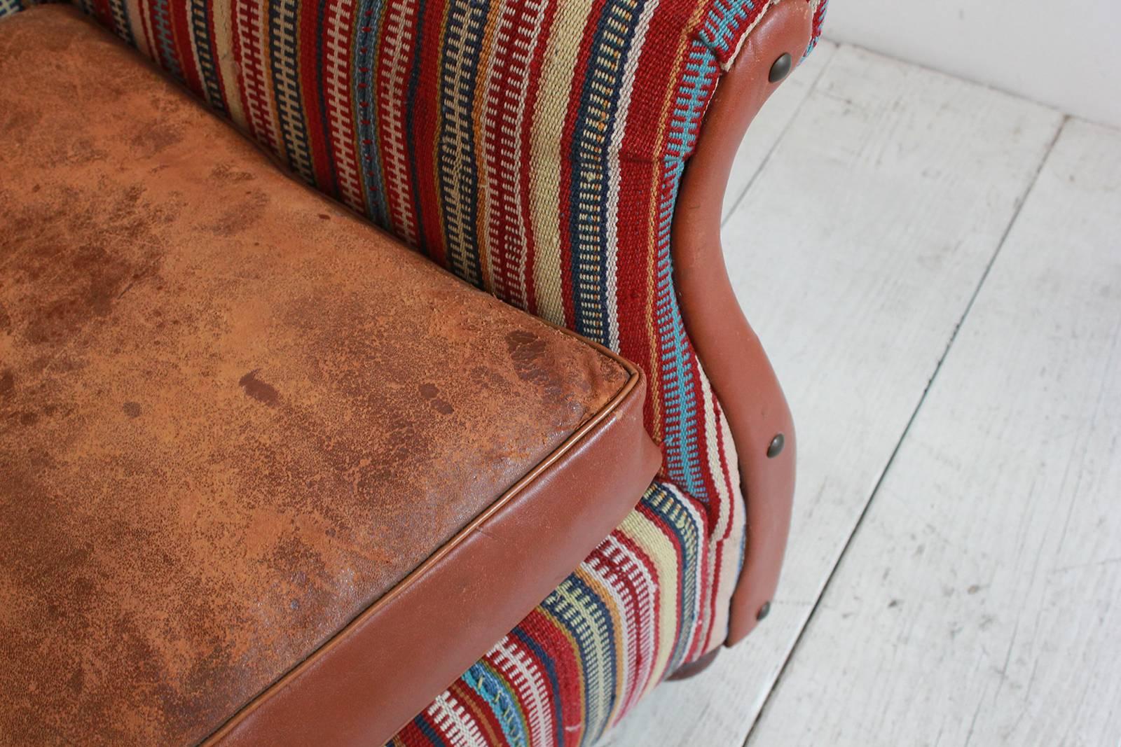 Italian Kilim Wing Back Chair with Original Leather Seat 3