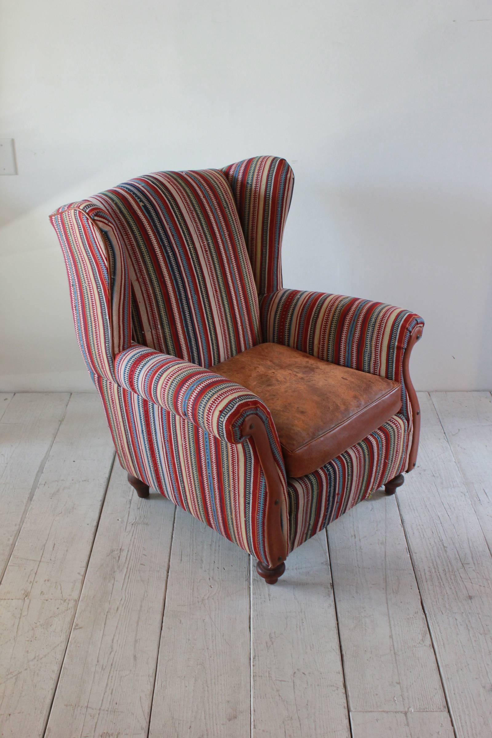Italian Kilim Wing Back Chair with Original Leather Seat 4